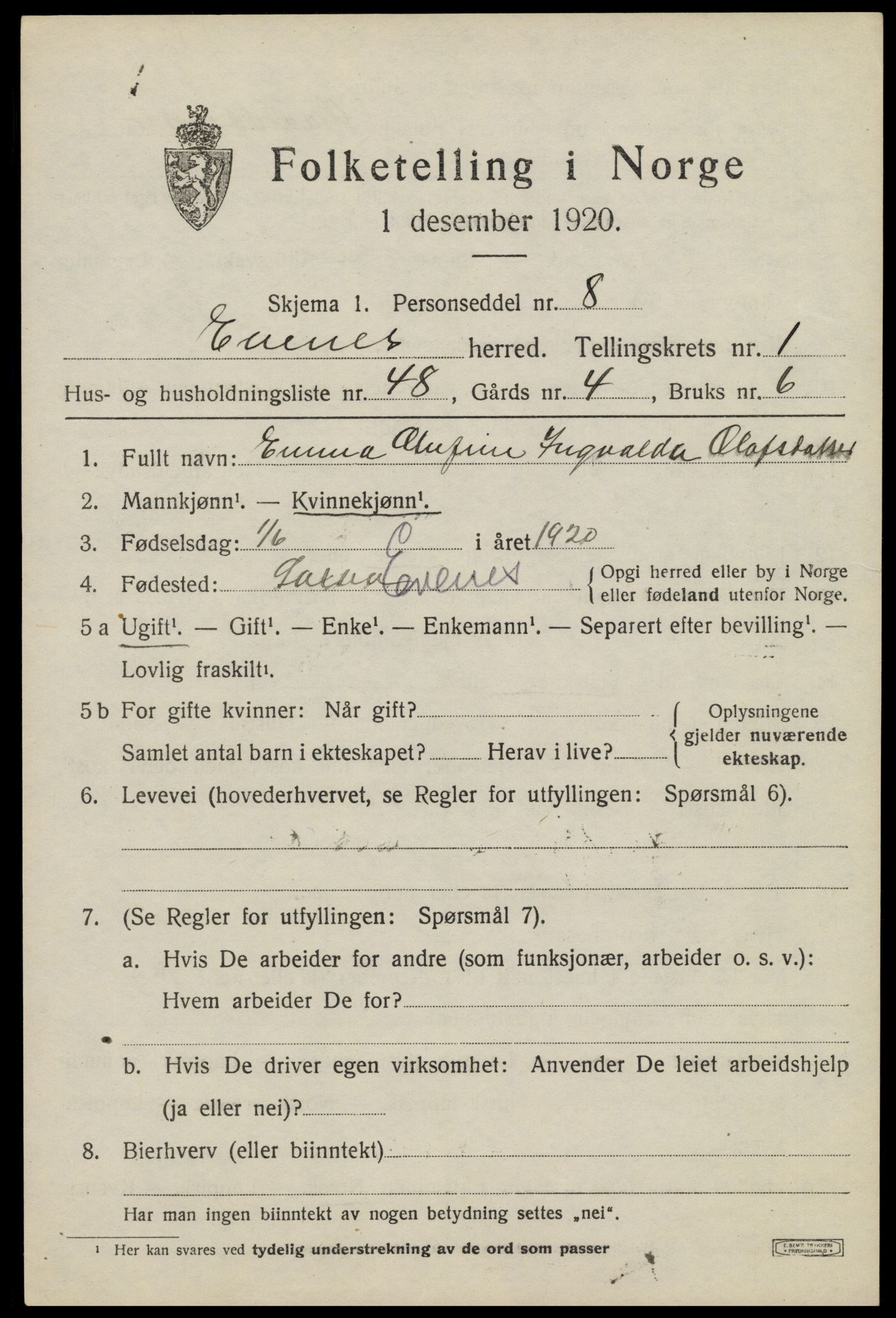 SAT, Folketelling 1920 for 1853 Evenes herred, 1920, s. 2270