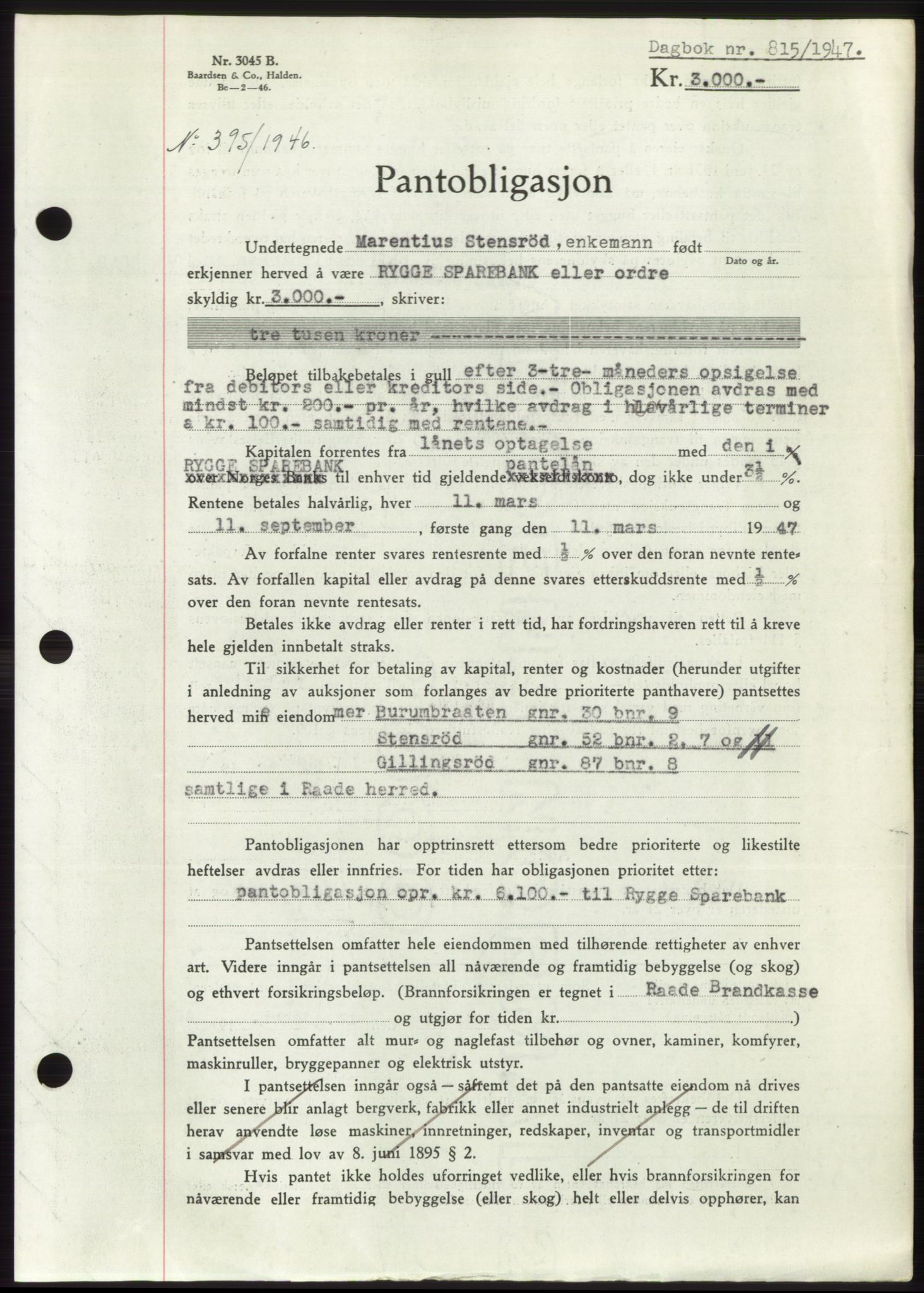 Moss sorenskriveri, SAO/A-10168: Pantebok nr. B17, 1947-1947, Dagboknr: 815/1947