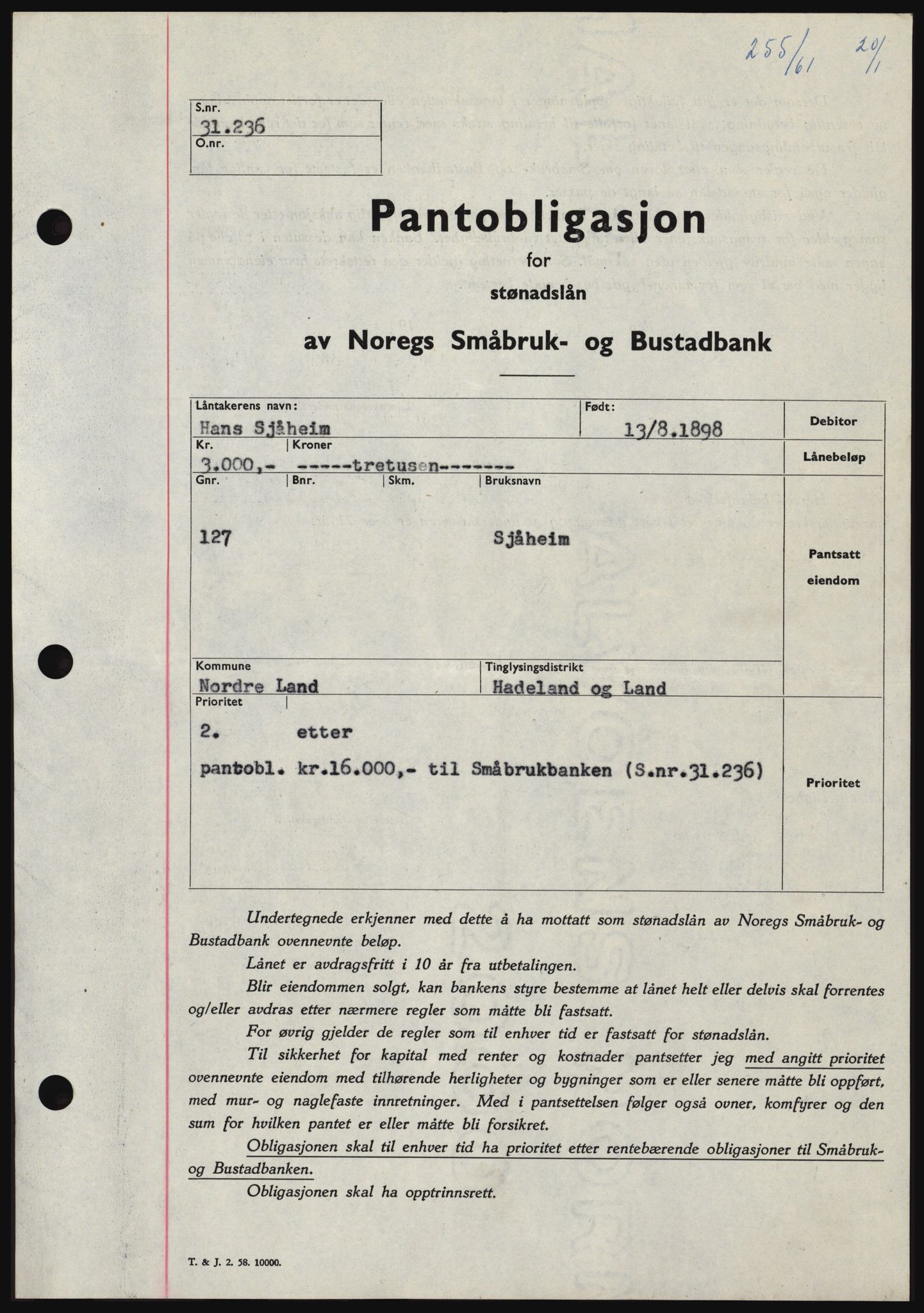 Hadeland og Land tingrett, SAH/TING-010/H/Hb/Hbc/L0045: Pantebok nr. B45, 1961-1961, Dagboknr: 255/1961