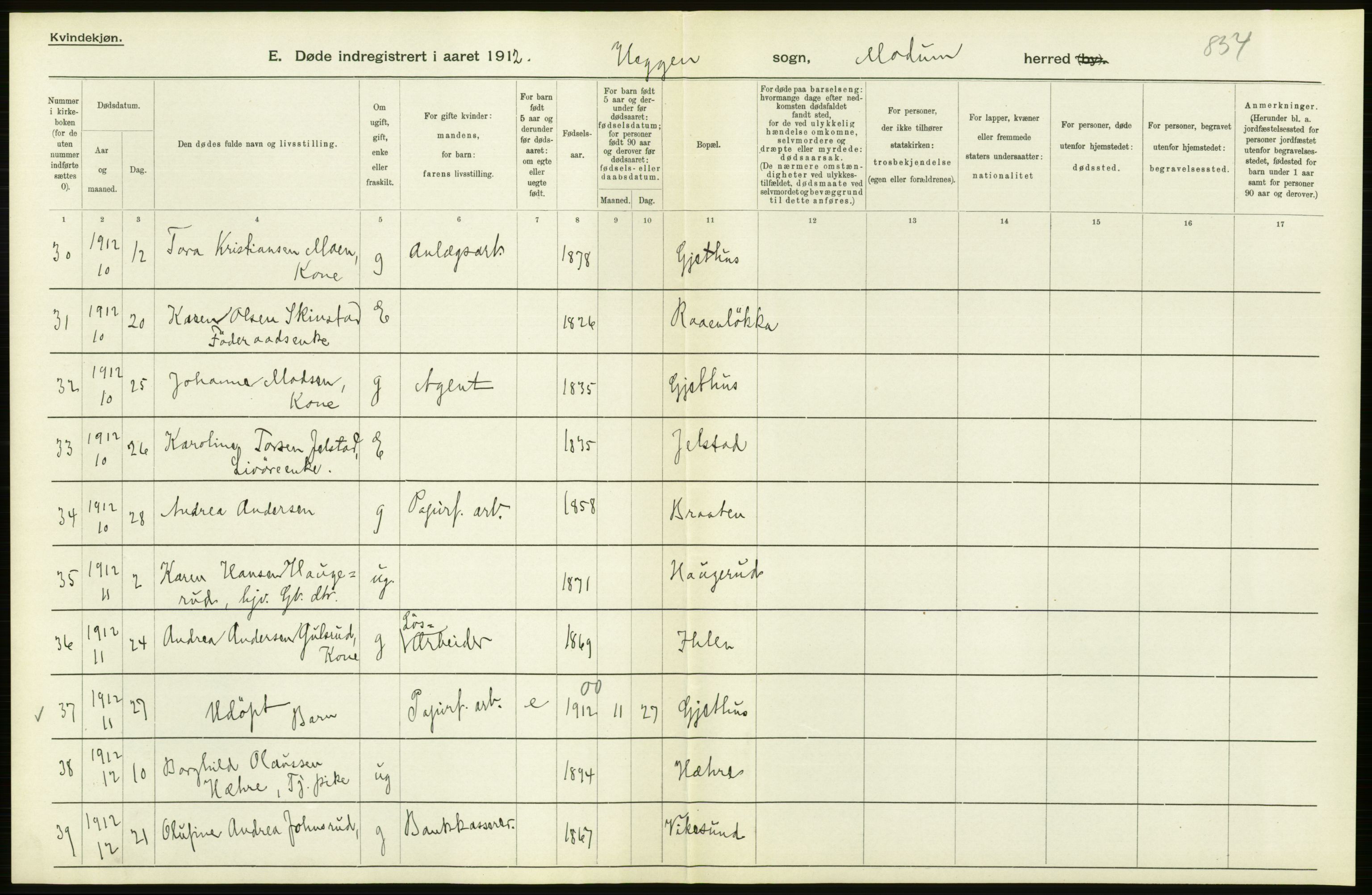 Statistisk sentralbyrå, Sosiodemografiske emner, Befolkning, AV/RA-S-2228/D/Df/Dfb/Dfbb/L0017: Buskeruds amt: Døde. Bygder og byer., 1912, s. 282