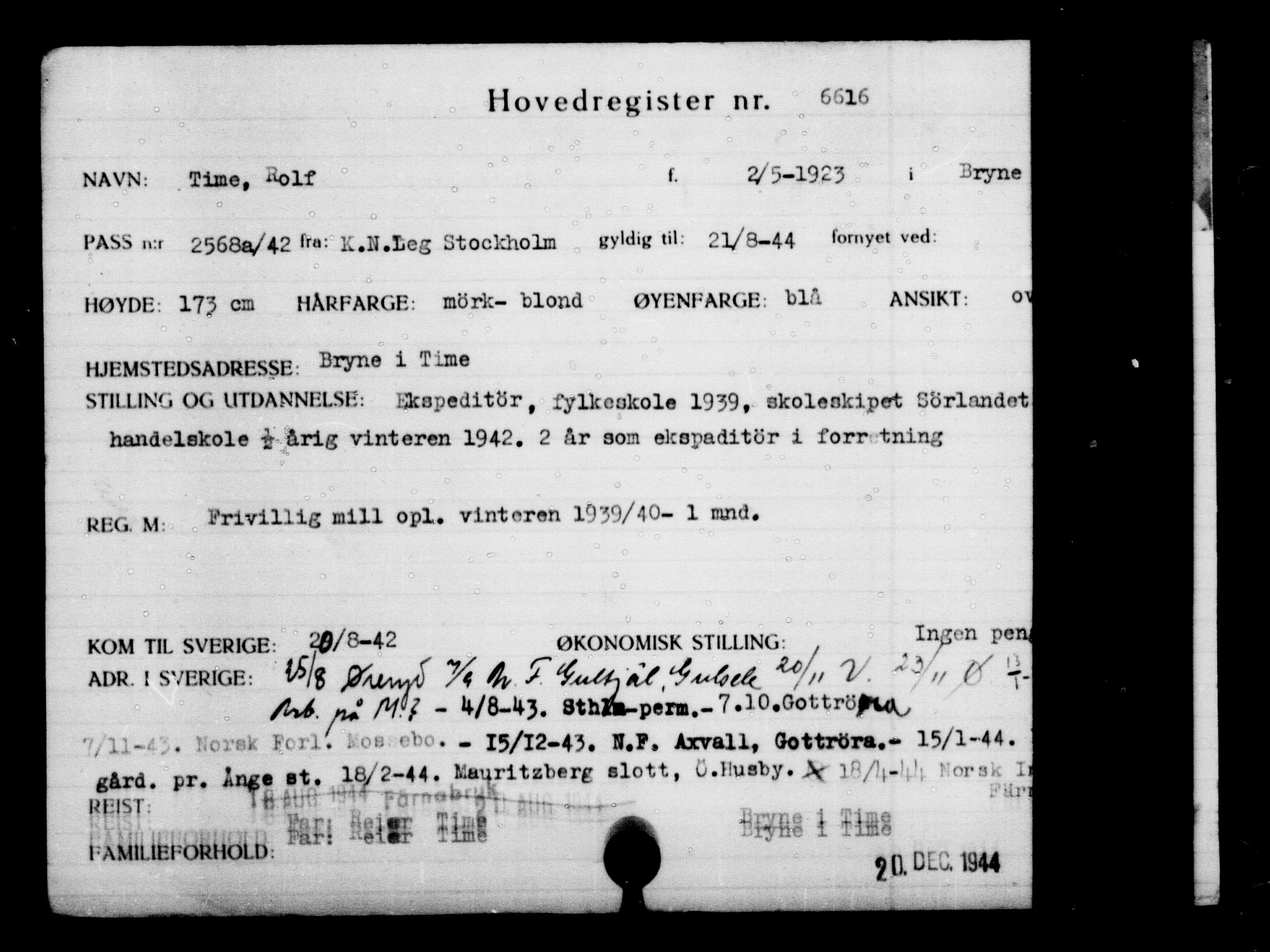 Utenriksstasjonene, Legasjonen i Stockholm, Flyktningkontoret, AV/RA-S-6753/V/Va/L0005: Kjesäterkartoteket, flyktninger med registreringsnr. 6600-9417, 1940-1945, s. 22
