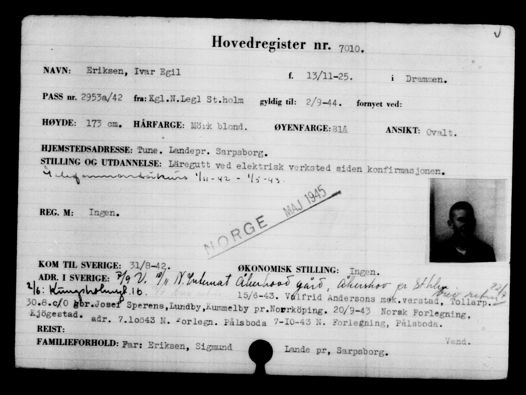 Utenriksstasjonene, Legasjonen i Stockholm, Flyktningkontoret, AV/RA-S-6753/V/Va/L0005: Kjesäterkartoteket, flyktninger med registreringsnr. 6600-9417, 1940-1945, s. 492