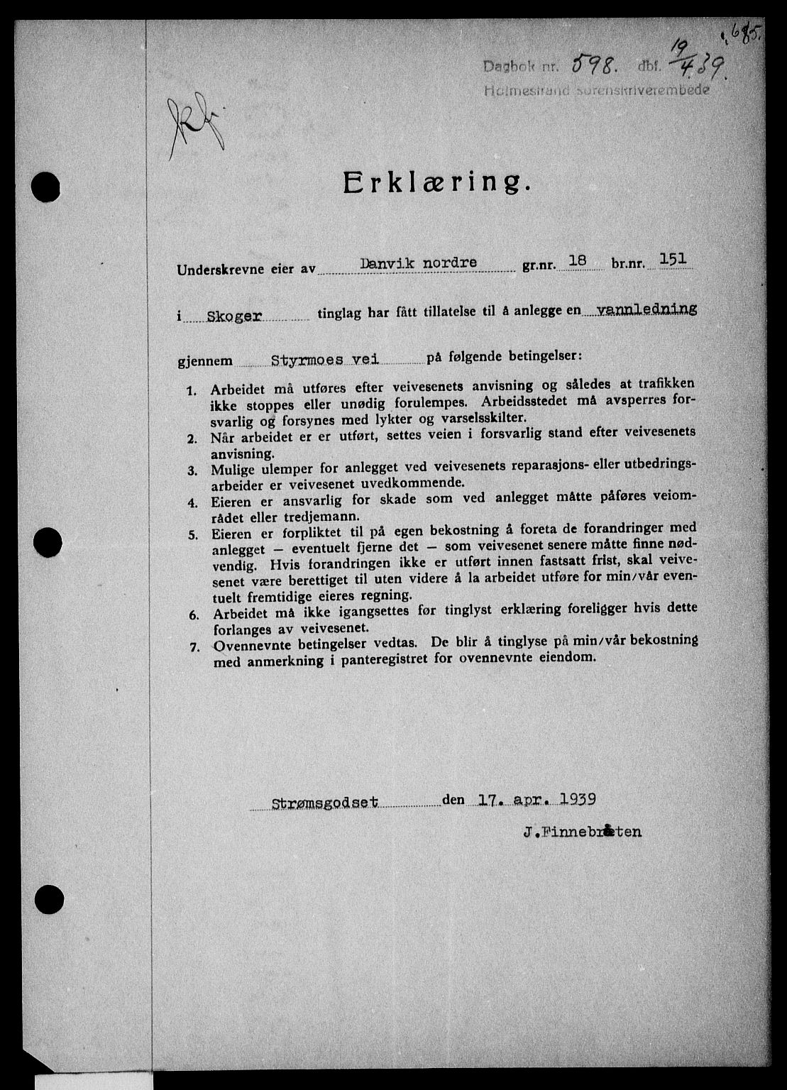 Holmestrand sorenskriveri, SAKO/A-67/G/Ga/Gaa/L0050: Pantebok nr. A-50, 1938-1939, Dagboknr: 598/1939