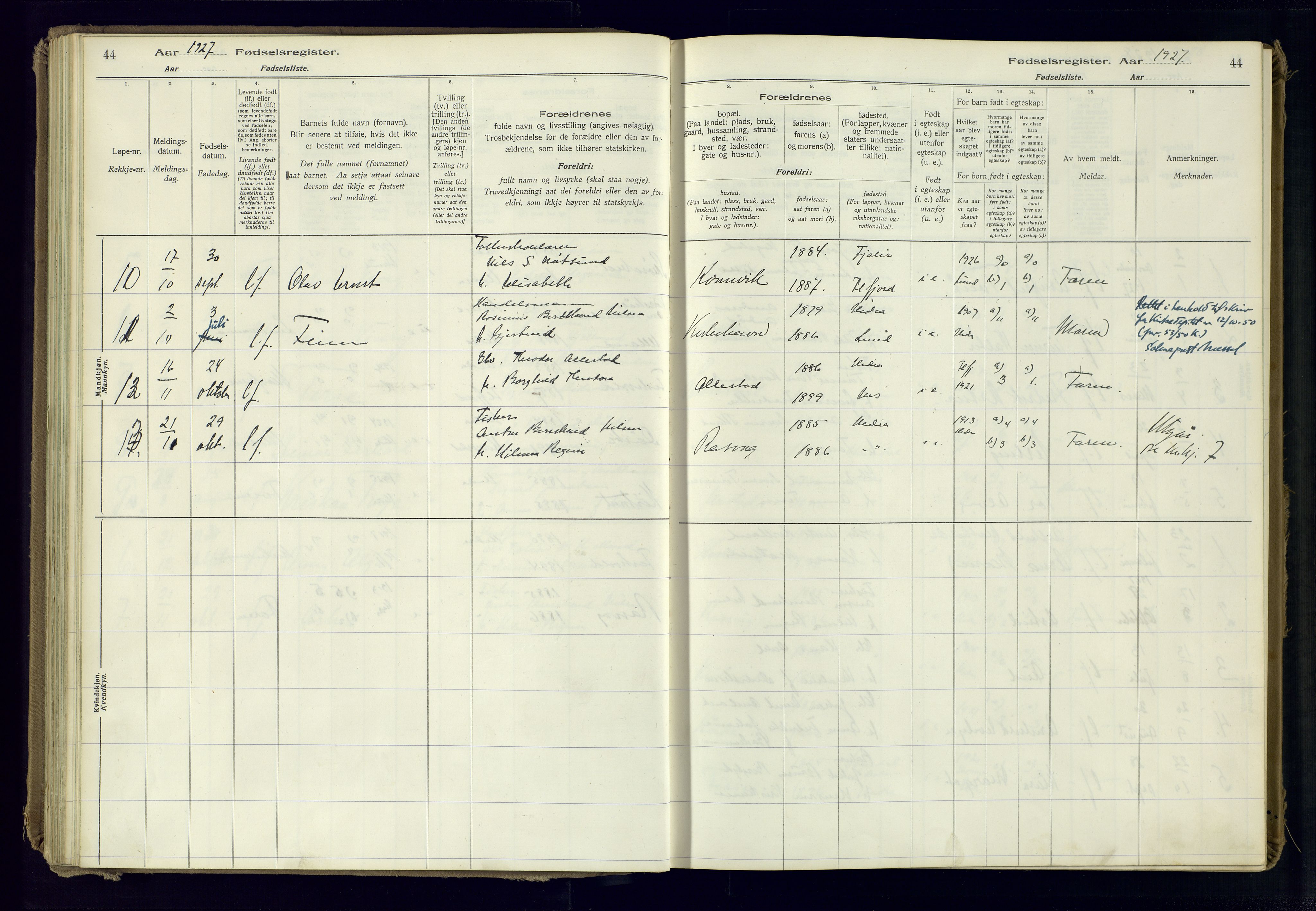 Flekkefjord sokneprestkontor, AV/SAK-1111-0012/J/Ja/L0007: Fødselsregister nr. 7, 1916-1982, s. 44