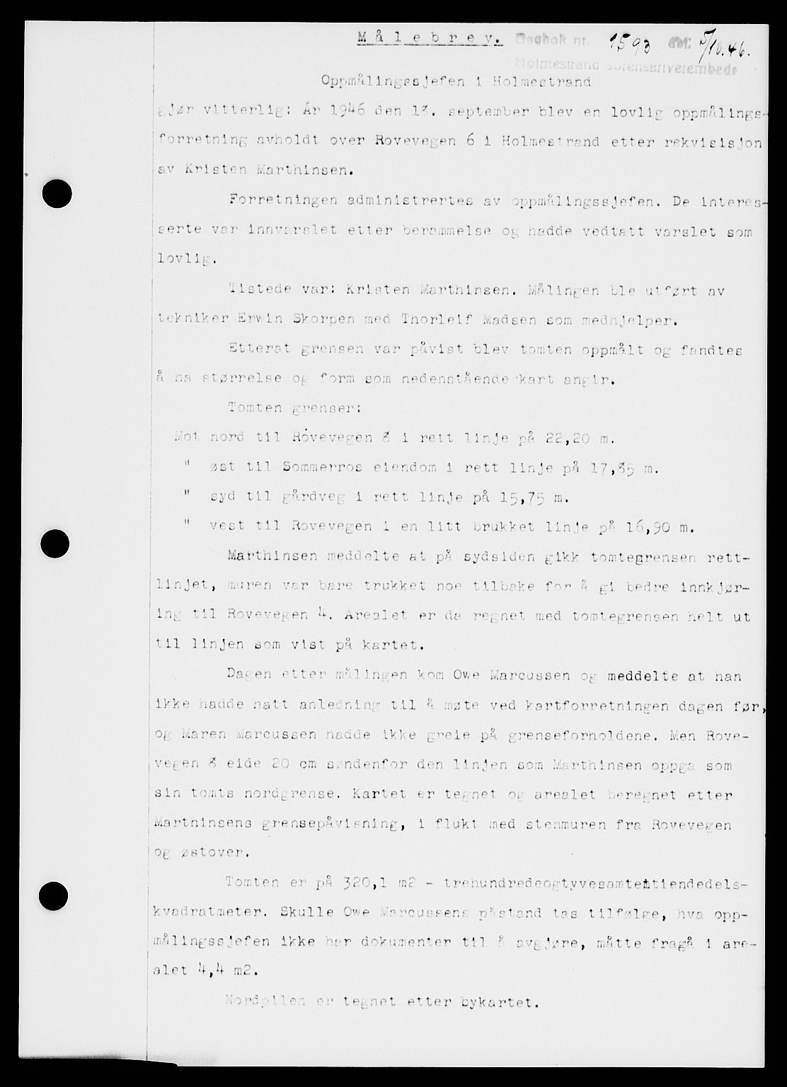 Holmestrand sorenskriveri, SAKO/A-67/G/Ga/Gaa/L0061: Pantebok nr. A-61, 1946-1947, Dagboknr: 1593/1946