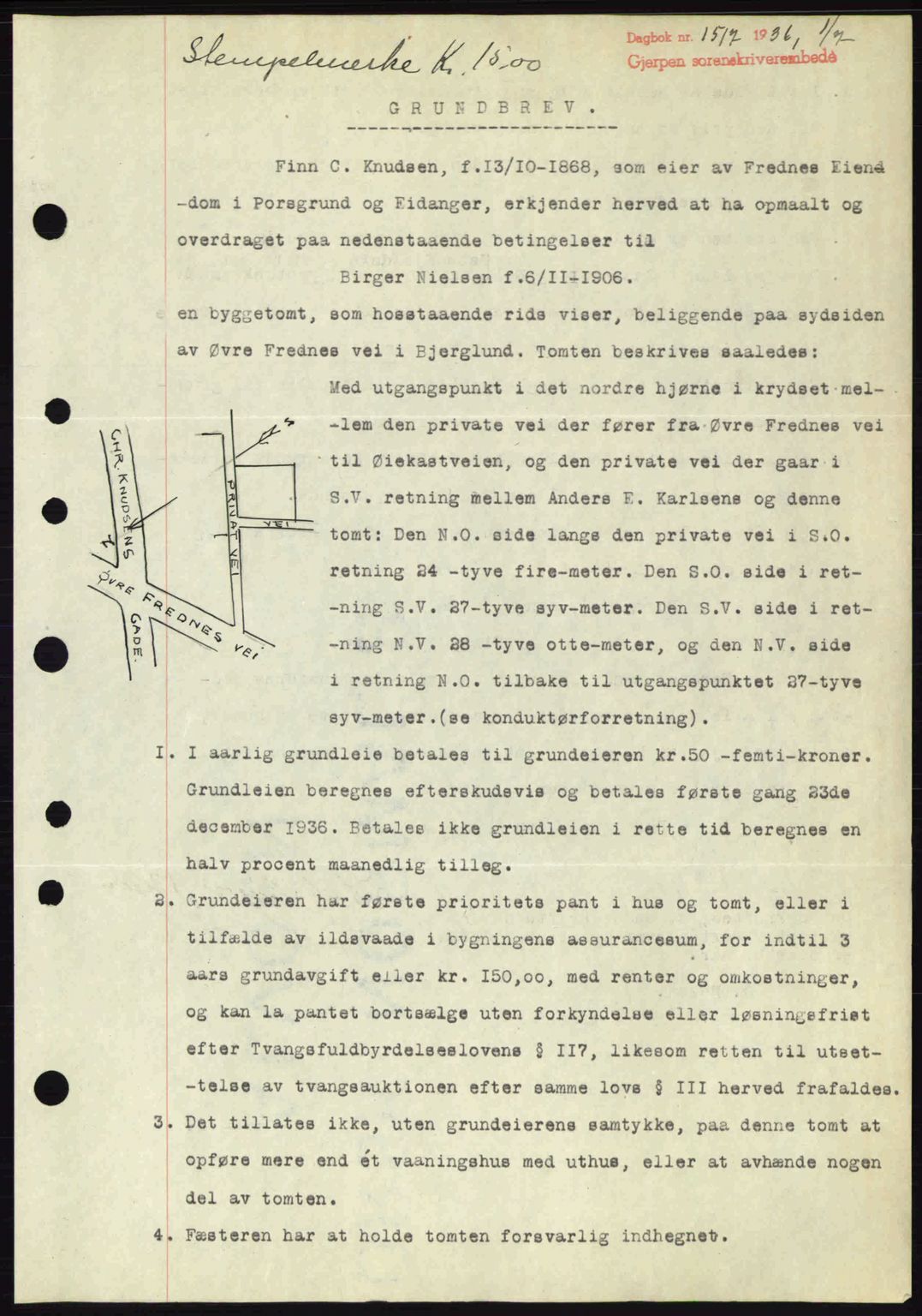 Gjerpen sorenskriveri, SAKO/A-216/G/Ga/Gae/L0067: Pantebok nr. A-66 - A-68, 1936-1937, Dagboknr: 1517/1936