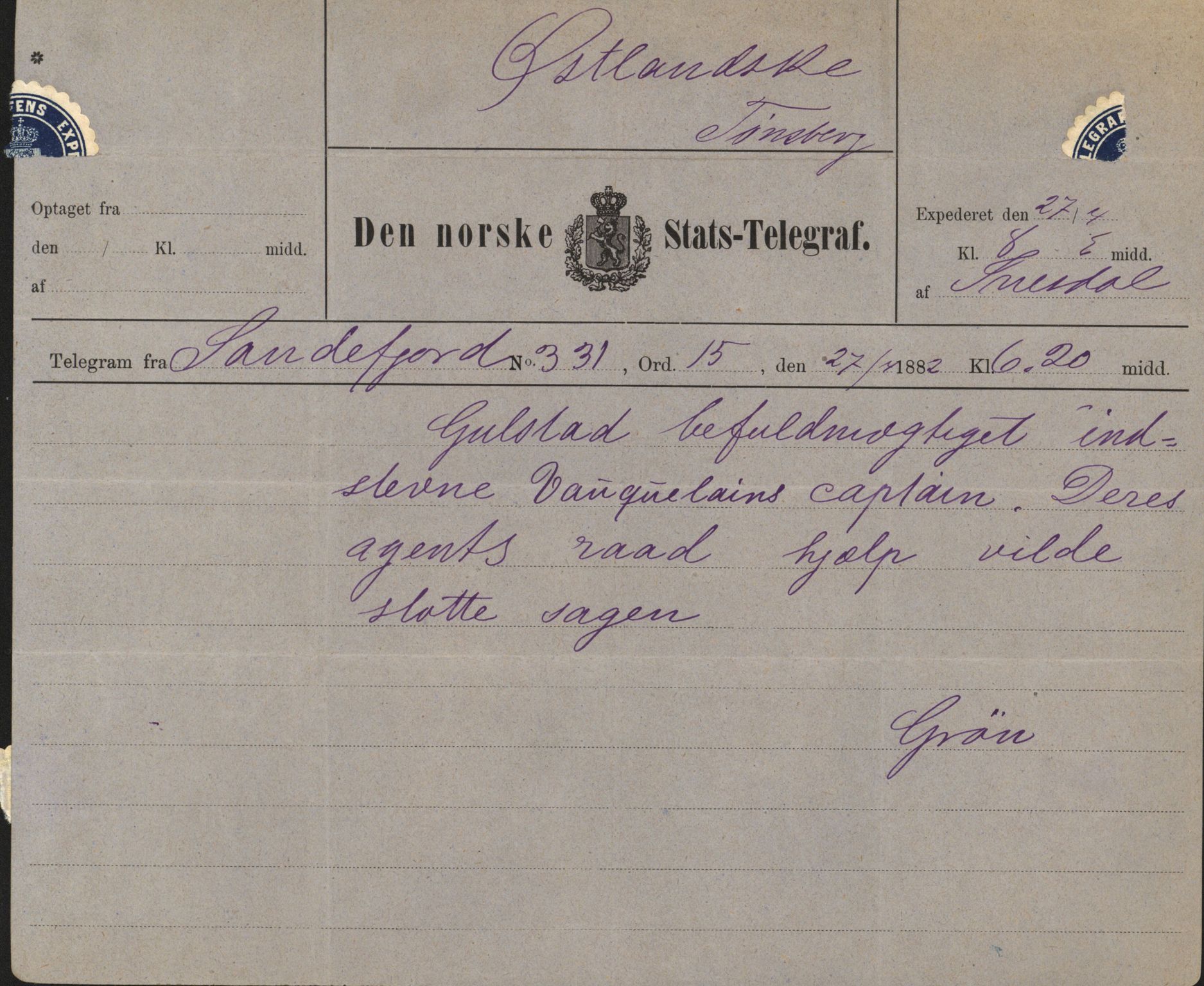 Pa 63 - Østlandske skibsassuranceforening, VEMU/A-1079/G/Ga/L0014/0011: Havaridokumenter / Agra, Anna, Jorsalfarer, Alfen, Uller, Solon, 1882, s. 101