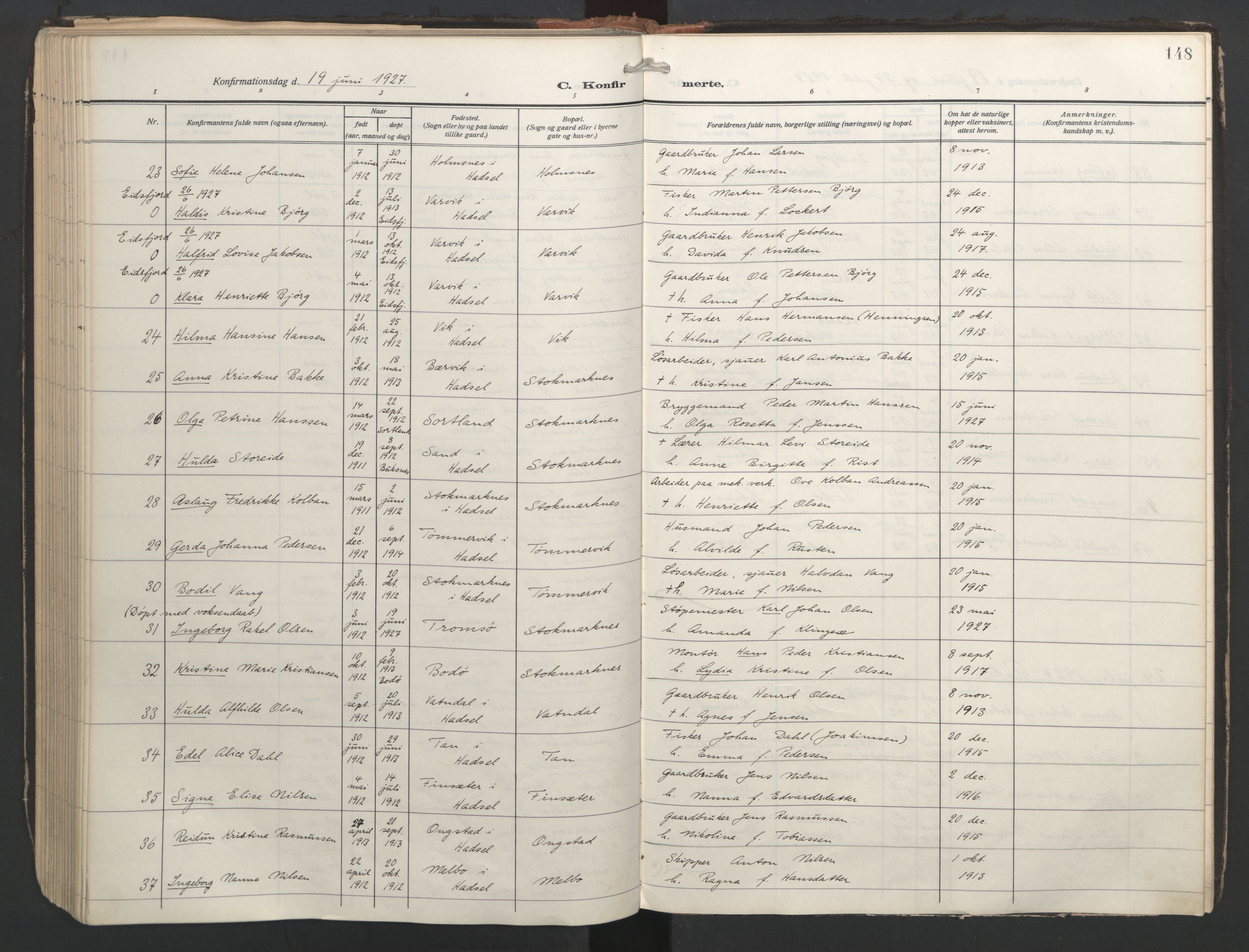Ministerialprotokoller, klokkerbøker og fødselsregistre - Nordland, AV/SAT-A-1459/888/L1249: Ministerialbok nr. 888A15, 1911-1929, s. 148