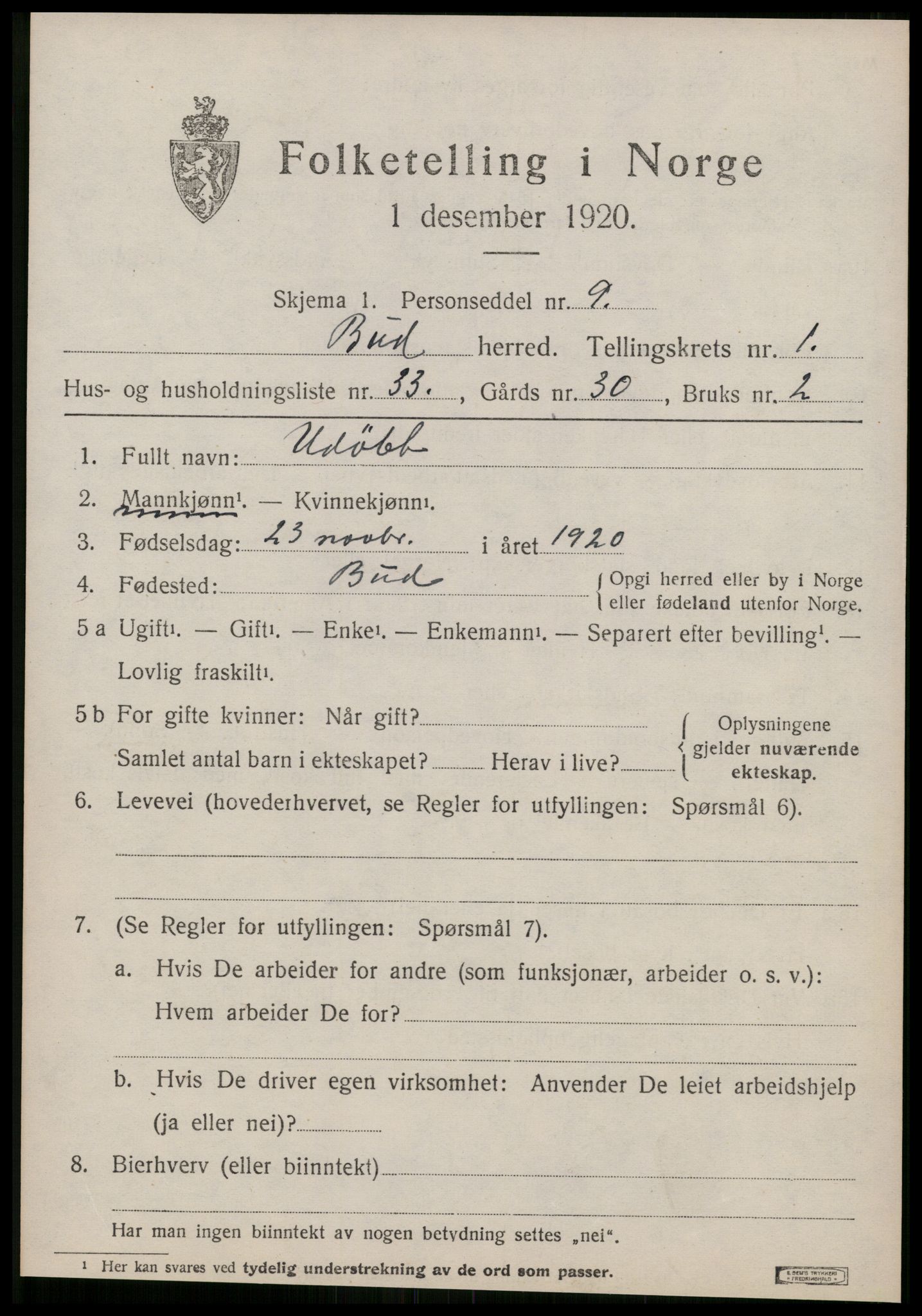 SAT, Folketelling 1920 for 1549 Bud herred, 1920, s. 908