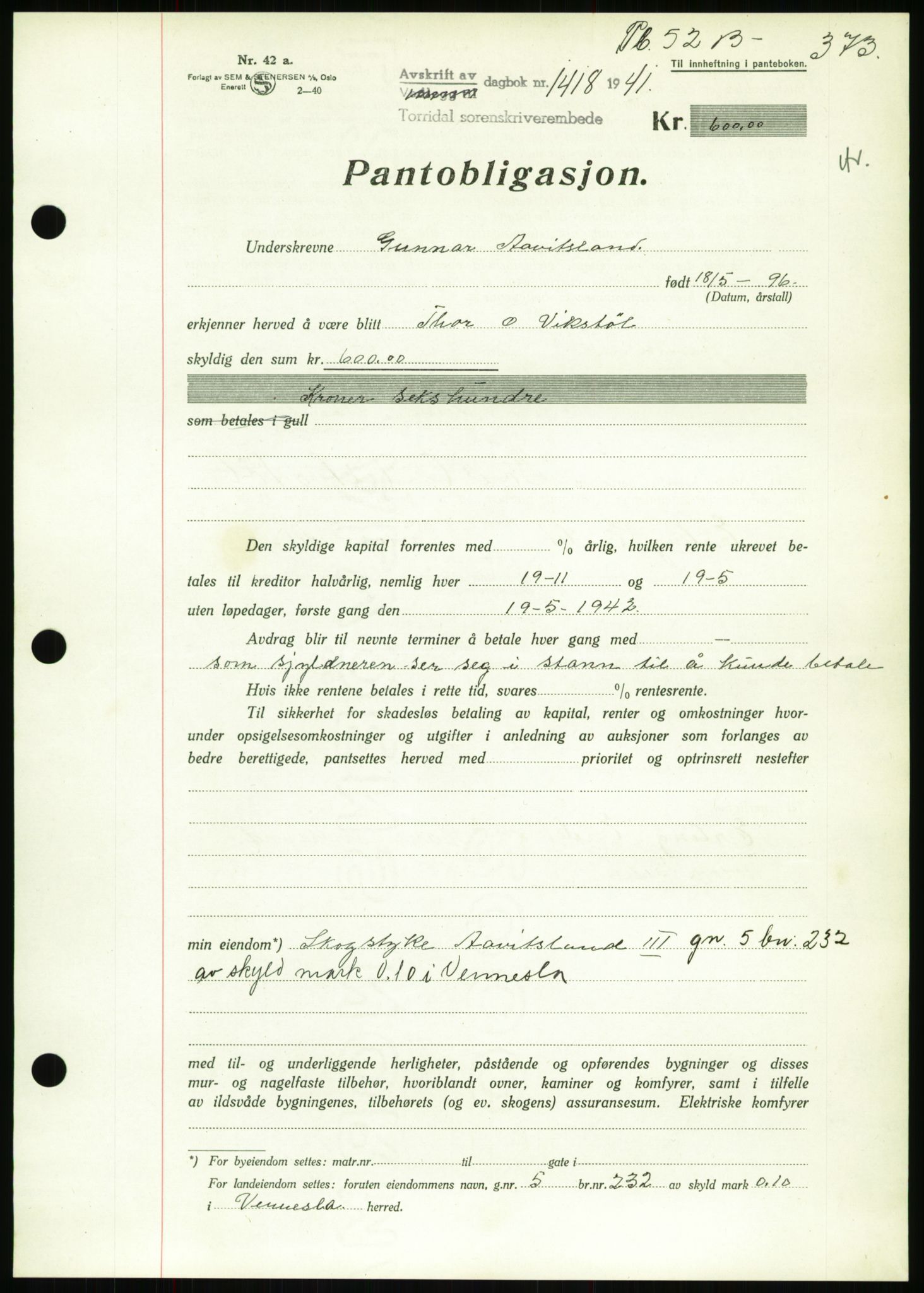 Torridal sorenskriveri, SAK/1221-0012/G/Gb/Gbb/L0008: Pantebok nr. 52b, 1940-1942, Dagboknr: 1418/1941