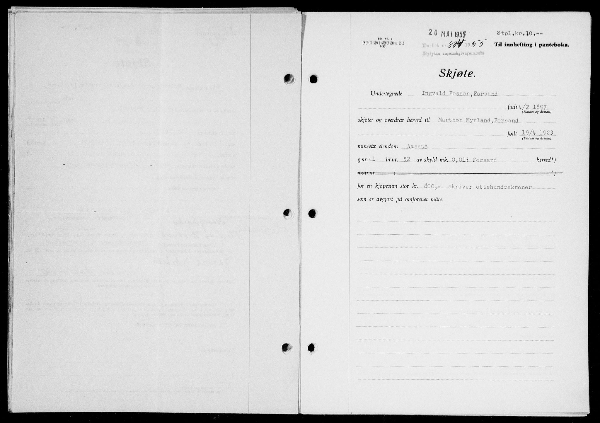 Ryfylke tingrett, SAST/A-100055/001/II/IIB/L0128: Pantebok nr. 107, 1954-1955, Dagboknr: 804/1955