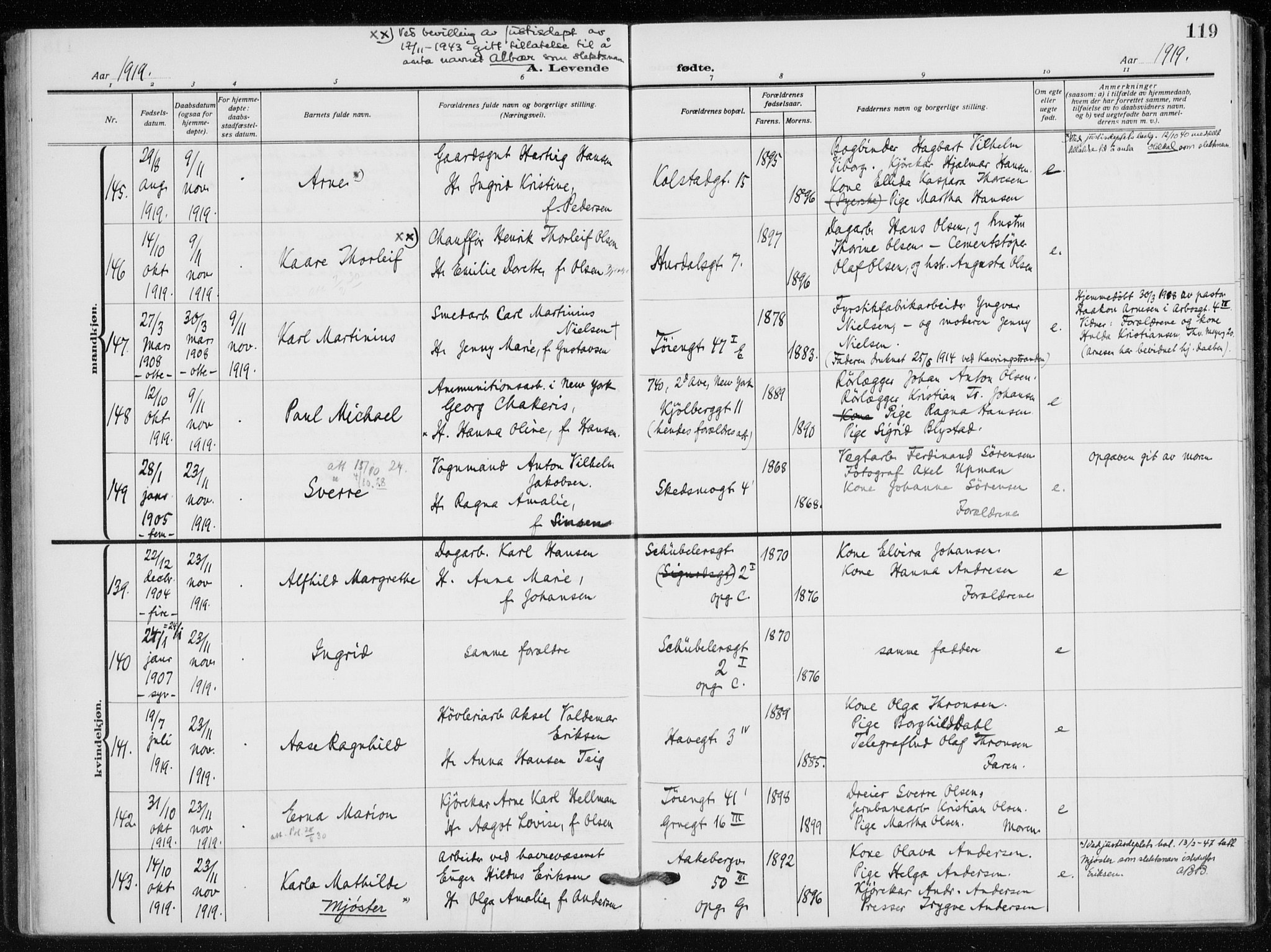 Kampen prestekontor Kirkebøker, AV/SAO-A-10853/F/Fa/L0012: Ministerialbok nr. I 12, 1916-1921, s. 119