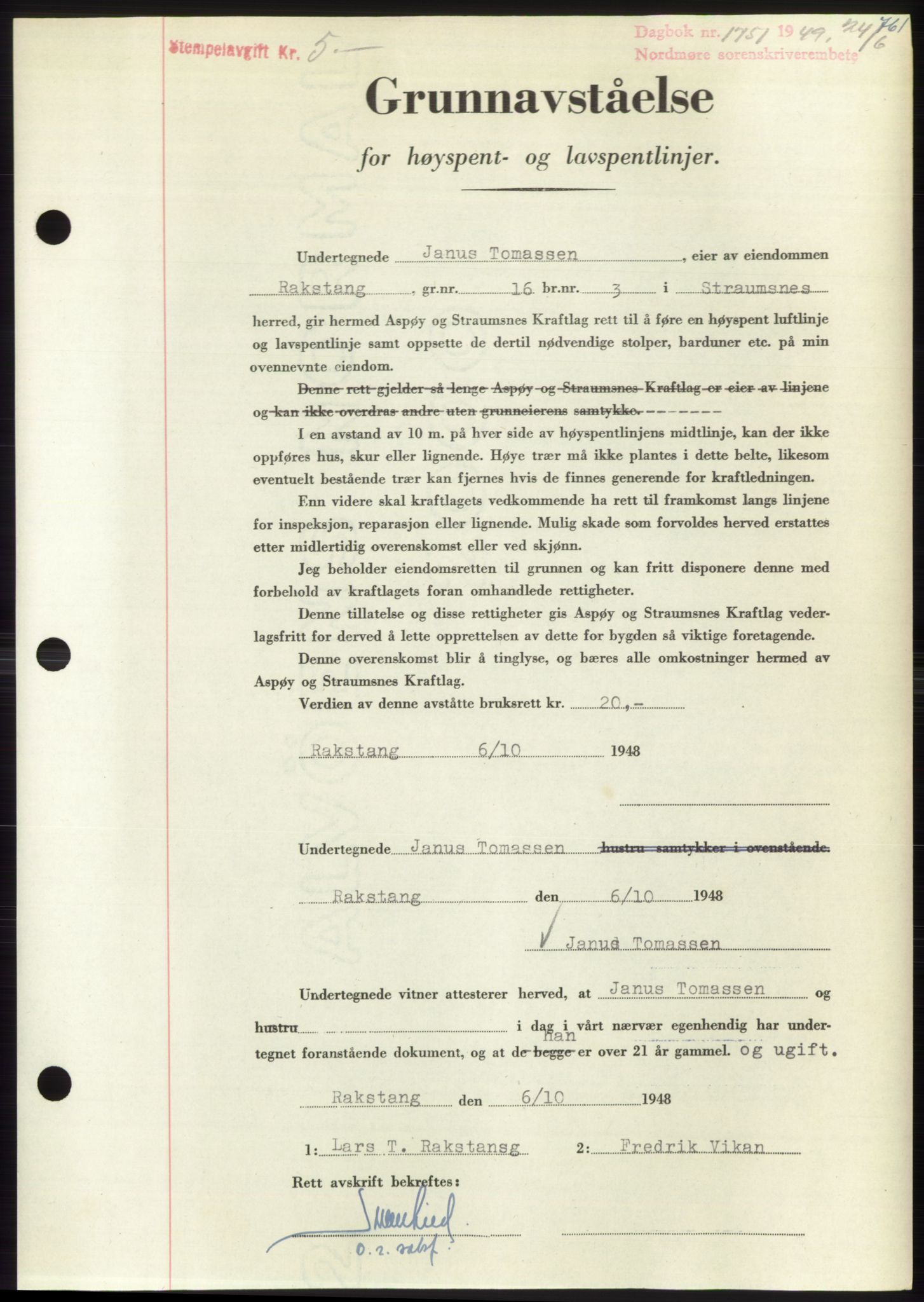 Nordmøre sorenskriveri, SAT/A-4132/1/2/2Ca: Pantebok nr. B101, 1949-1949, Dagboknr: 1751/1949
