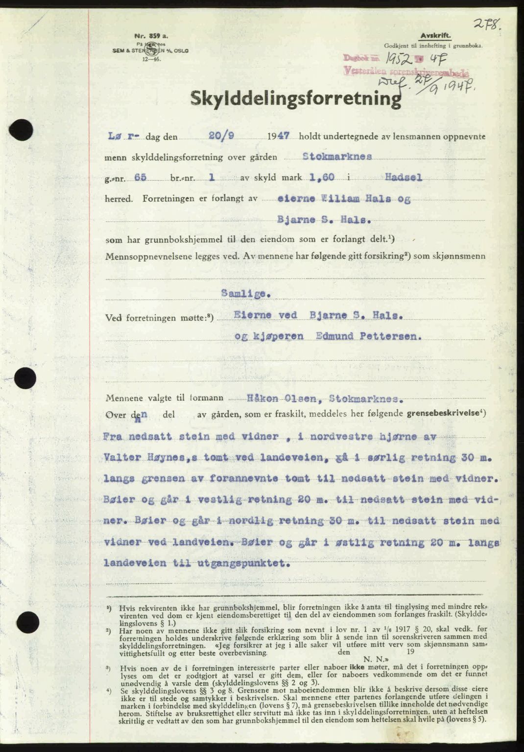 Vesterålen sorenskriveri, SAT/A-4180/1/2/2Ca: Pantebok nr. A21, 1947-1947, Dagboknr: 1952/1947