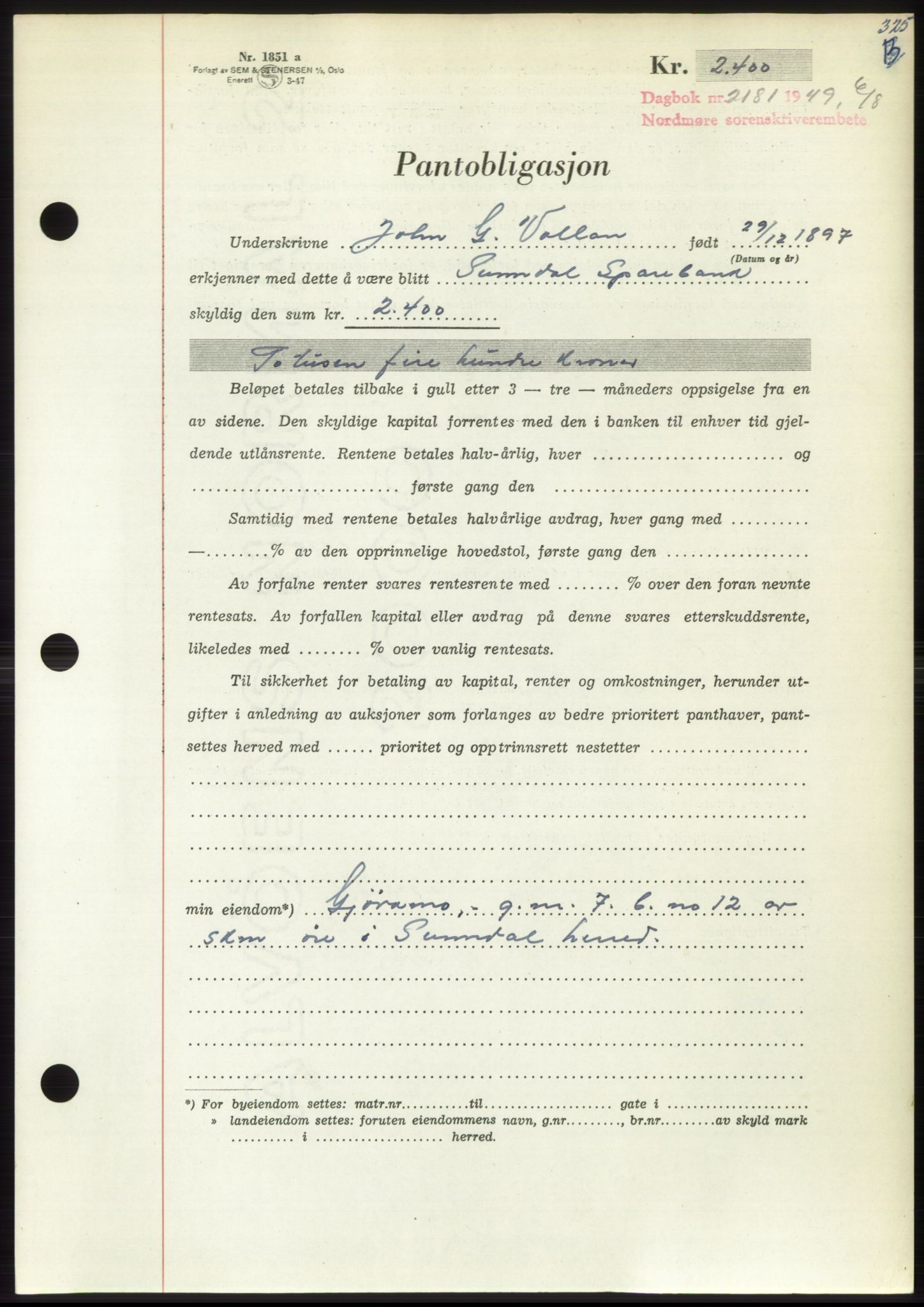 Nordmøre sorenskriveri, SAT/A-4132/1/2/2Ca: Pantebok nr. B102, 1949-1949, Dagboknr: 2181/1949