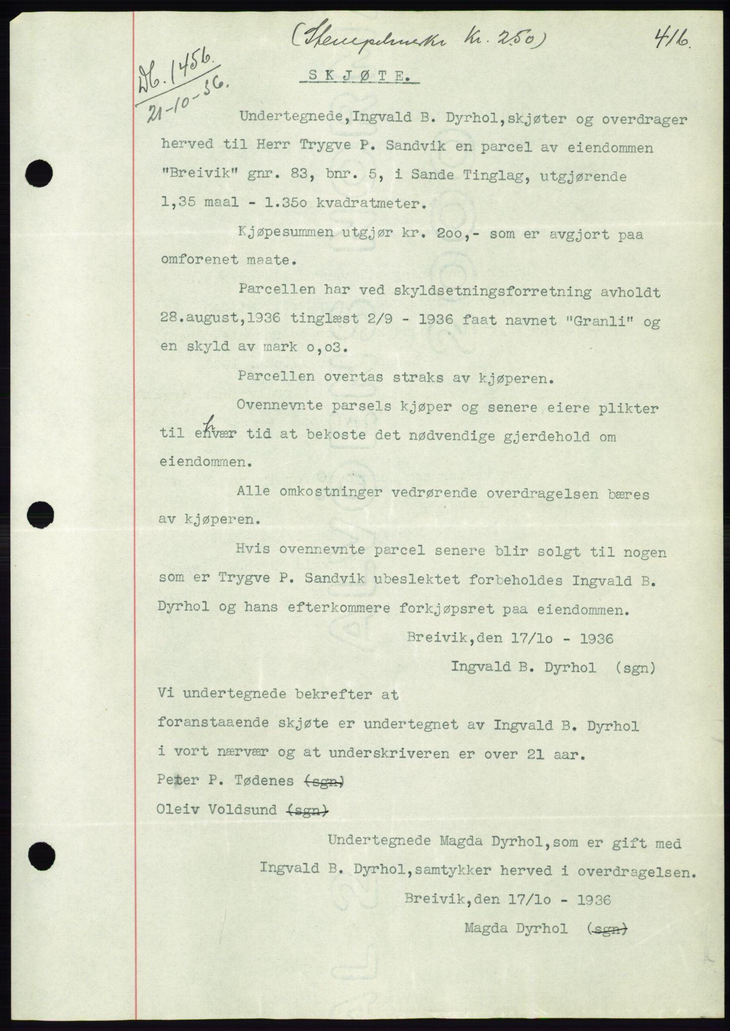 Søre Sunnmøre sorenskriveri, SAT/A-4122/1/2/2C/L0061: Pantebok nr. 55, 1936-1936, Dagboknr: 1456/1936
