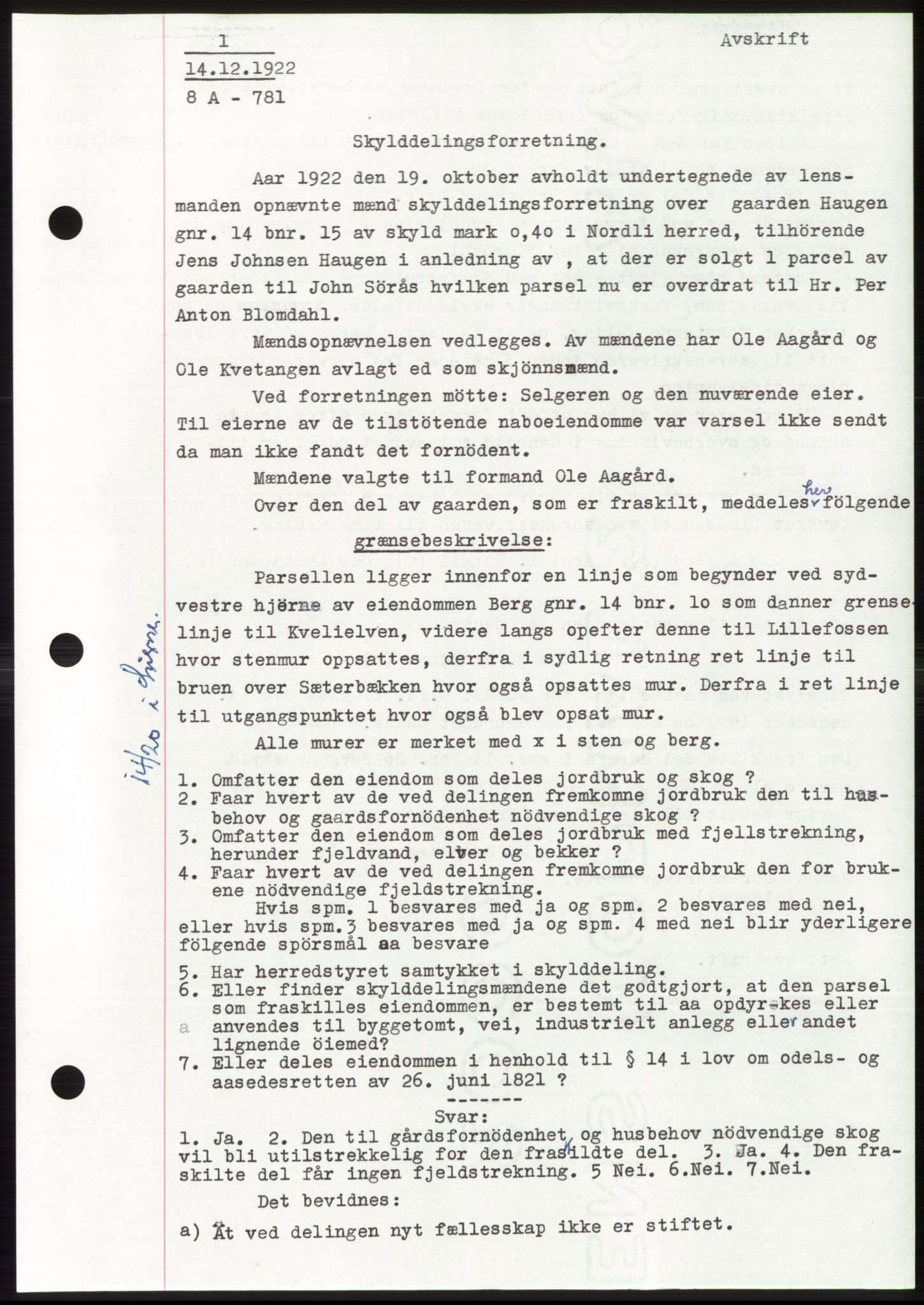 Namdal sorenskriveri, SAT/A-4133/1/2/2C: Pantebok nr. -, 1922-1925, Tingl.dato: 14.12.1922