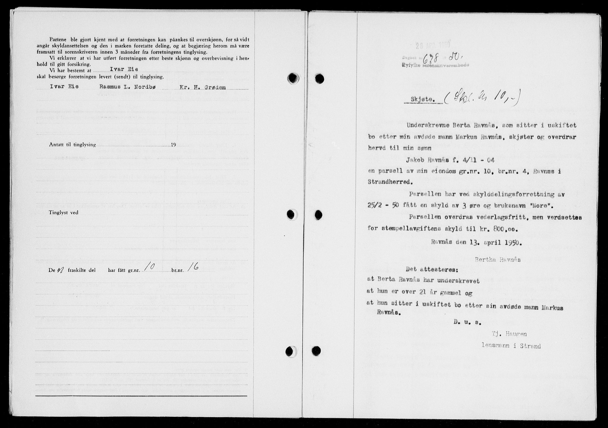 Ryfylke tingrett, SAST/A-100055/001/II/IIB/L0109: Pantebok nr. 88, 1950-1950, Dagboknr: 678/1950