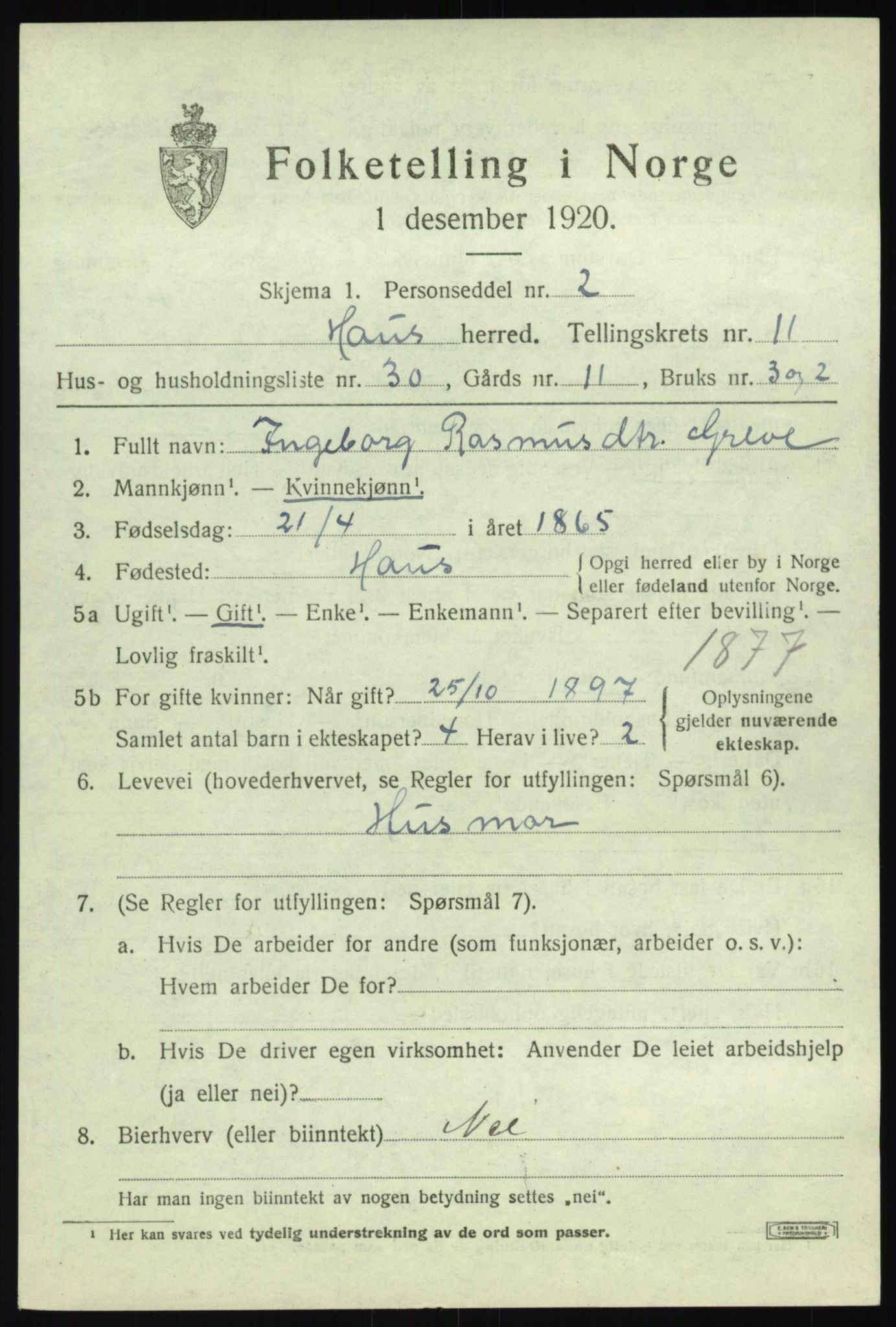 SAB, Folketelling 1920 for 1250 Haus herred, 1920, s. 7073