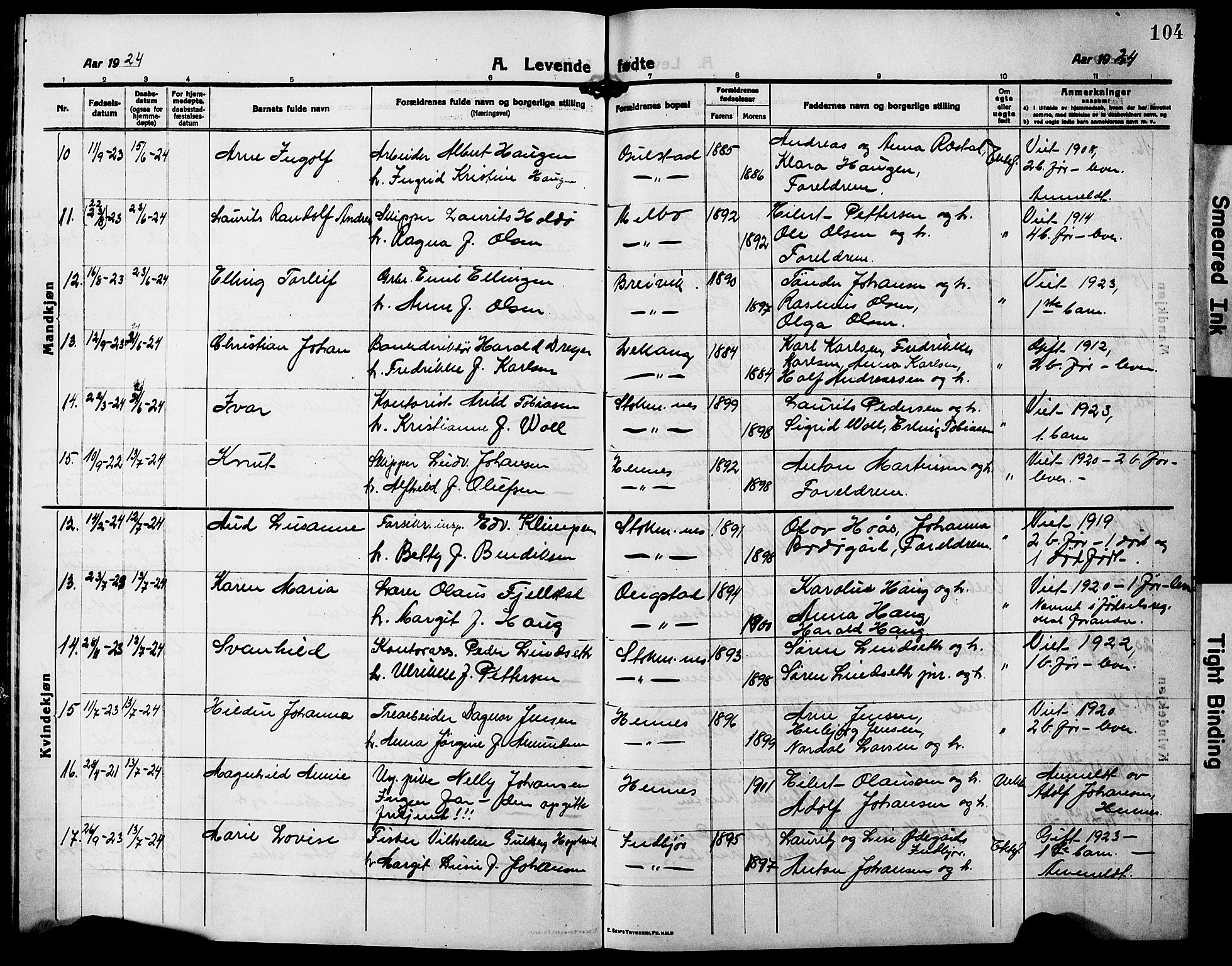 Ministerialprotokoller, klokkerbøker og fødselsregistre - Nordland, AV/SAT-A-1459/888/L1269: Klokkerbok nr. 888C07, 1913-1927, s. 104