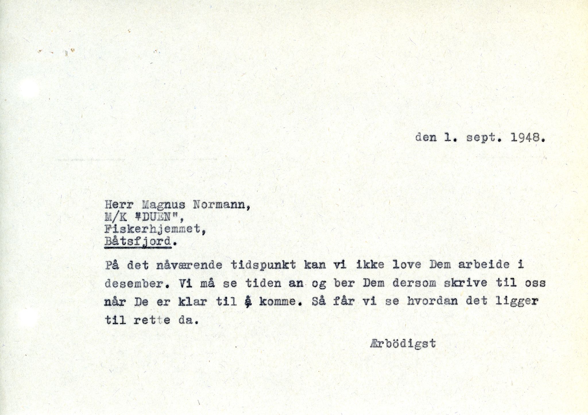 Vardø Fiskersamvirkelag, VAMU/A-0037/D/Da/L0001: Korrespondanse Ab-Eg, 1946-1950