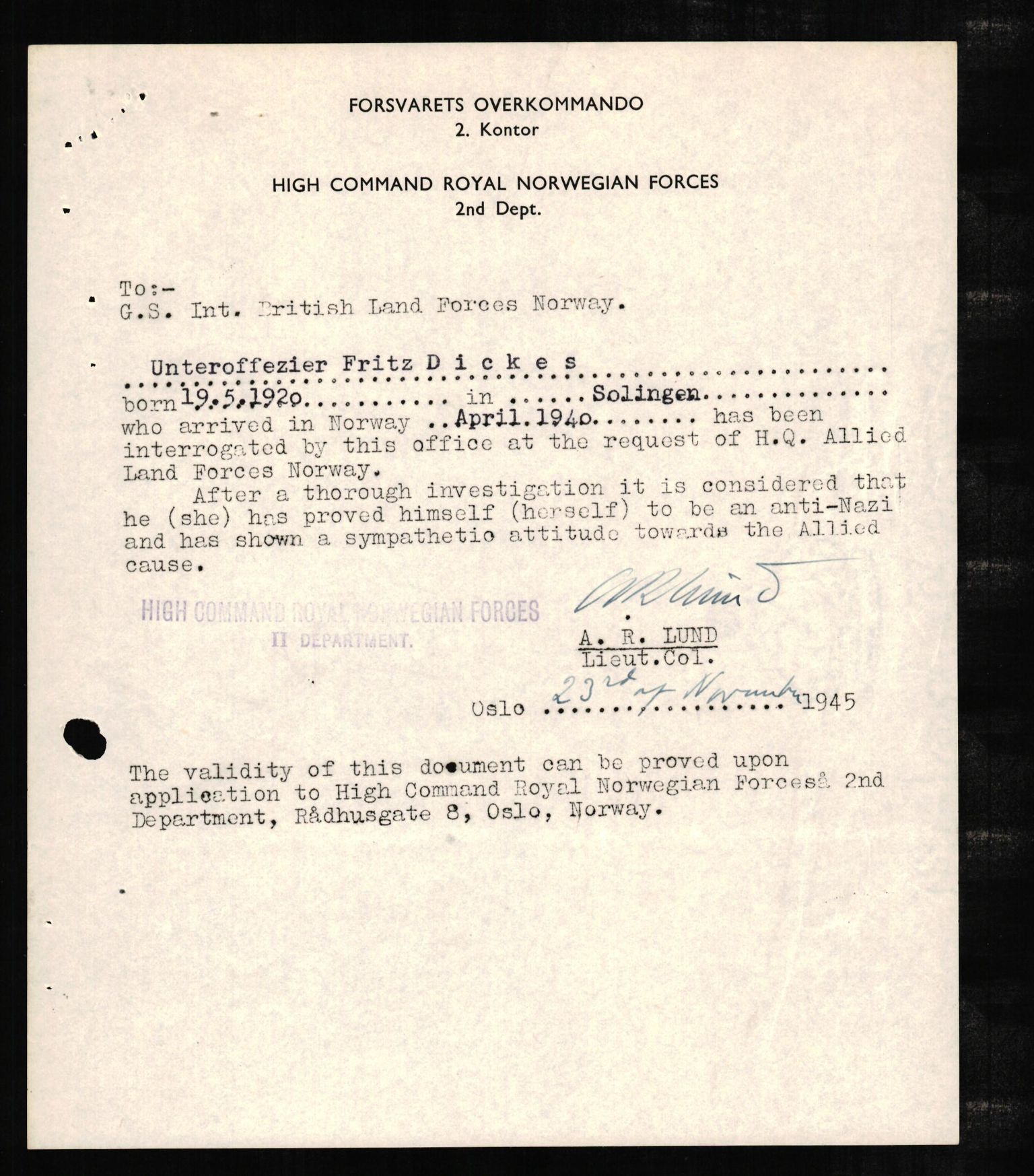 Forsvaret, Forsvarets overkommando II, AV/RA-RAFA-3915/D/Db/L0006: CI Questionaires. Tyske okkupasjonsstyrker i Norge. Tyskere., 1945-1946, s. 10