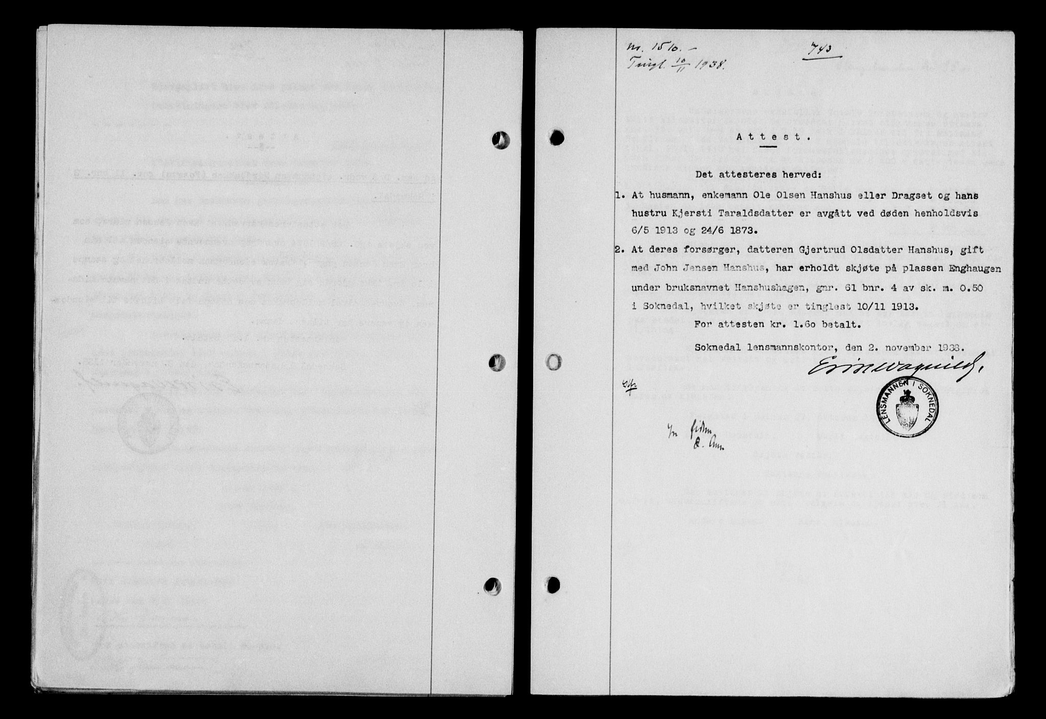 Gauldal sorenskriveri, SAT/A-0014/1/2/2C/L0049: Pantebok nr. 53, 1938-1938, Dagboknr: 1510/1938