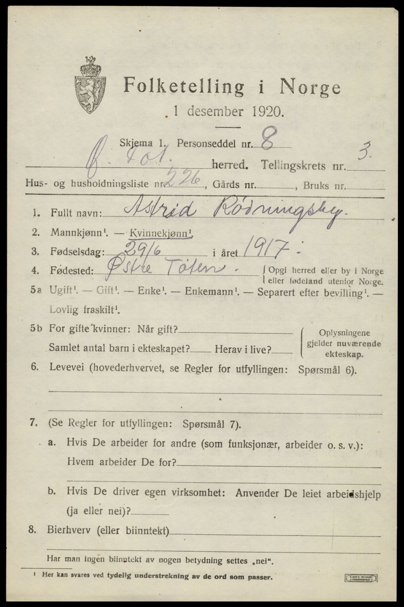 SAH, Folketelling 1920 for 0528 Østre Toten herred, 1920, s. 8512