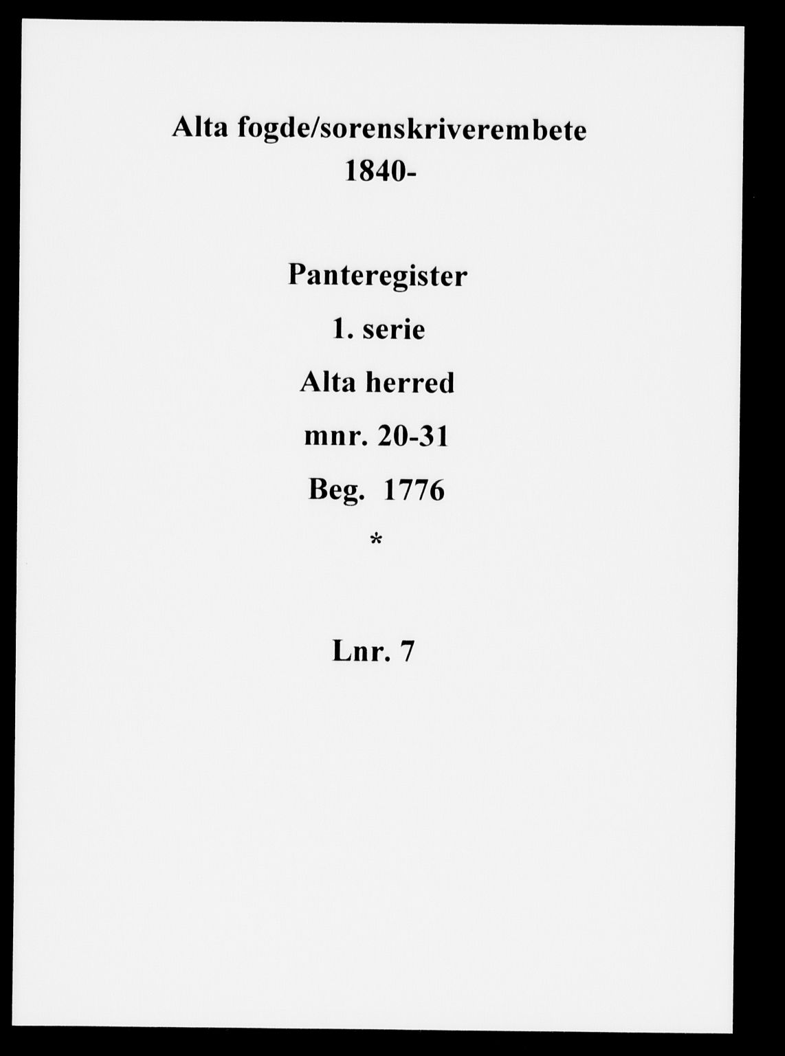 Alta fogderi/sorenskriveri, SATØ/SATØ-5/1/K/Kb/Kba/L0007pantereg: Panteregister nr. 7, 1776