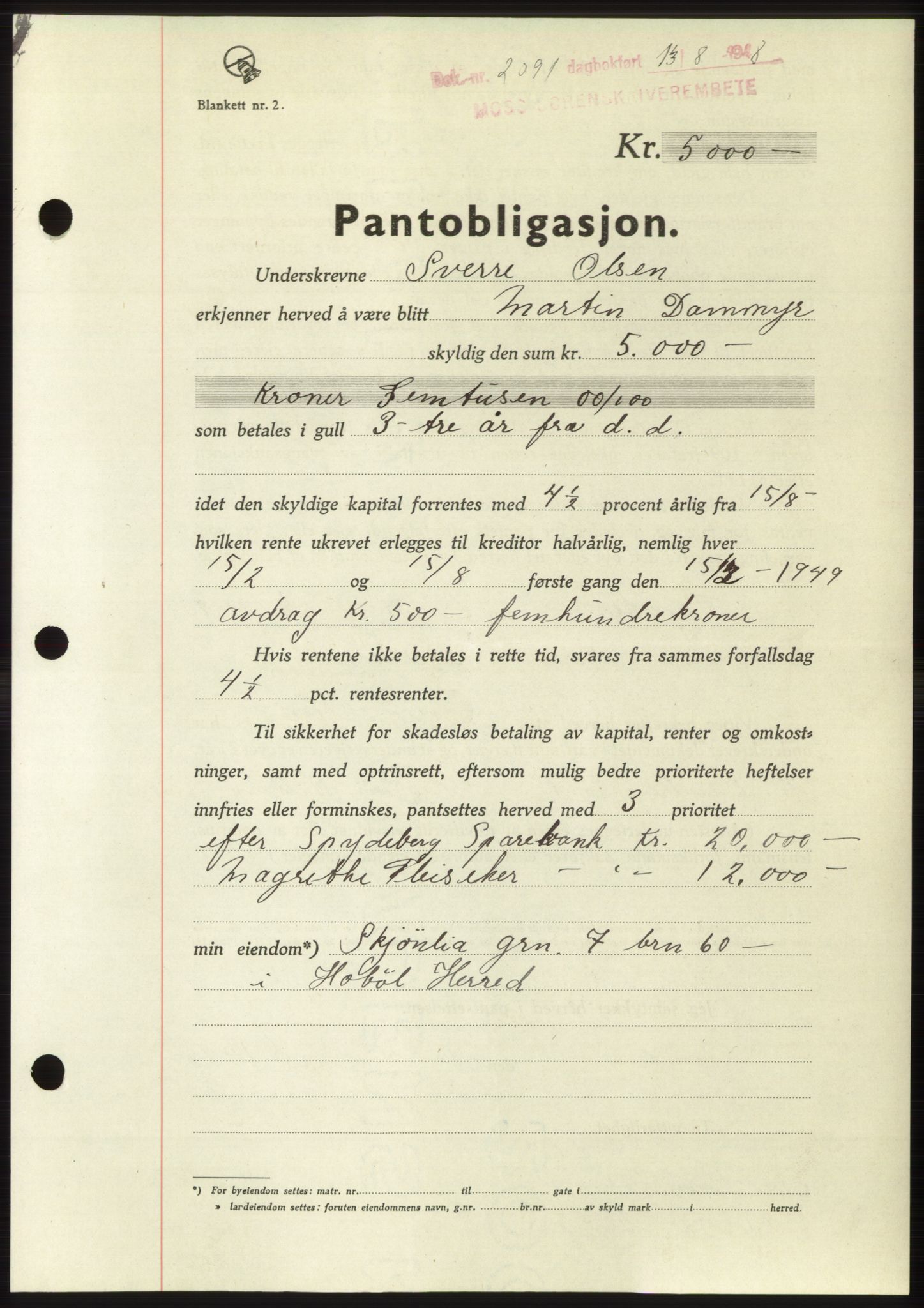 Moss sorenskriveri, AV/SAO-A-10168: Pantebok nr. B20, 1948-1948, Dagboknr: 2091/1948