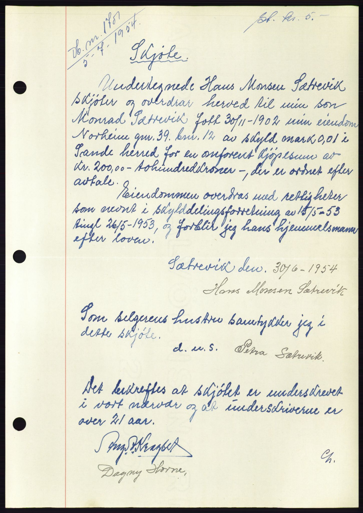 Søre Sunnmøre sorenskriveri, SAT/A-4122/1/2/2C/L0098: Pantebok nr. 24A, 1954-1954, Dagboknr: 1701/1954