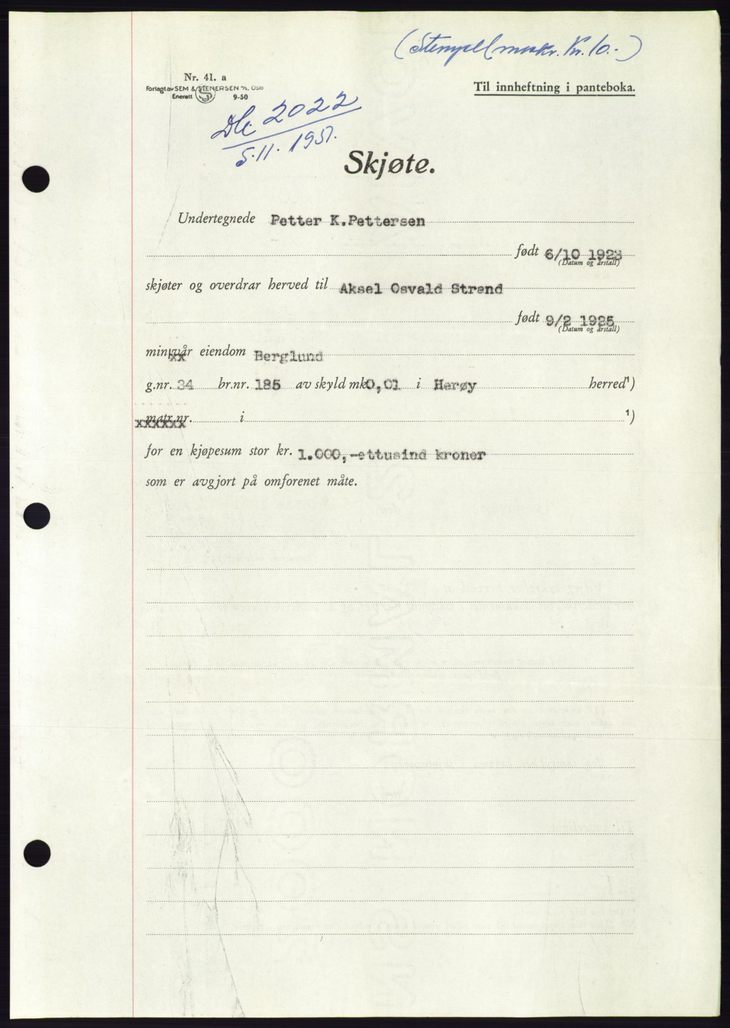 Søre Sunnmøre sorenskriveri, AV/SAT-A-4122/1/2/2C/L0090: Pantebok nr. 16A, 1951-1951, Dagboknr: 2022/1951