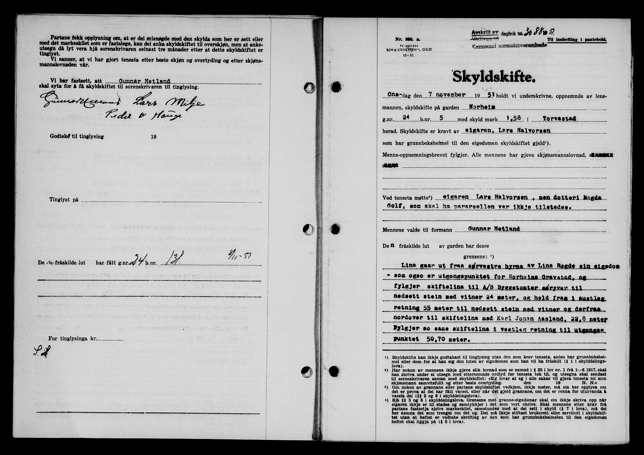 Karmsund sorenskriveri, SAST/A-100311/01/II/IIB/L0104: Pantebok nr. 84A, 1951-1952, Dagboknr: 3088/1951