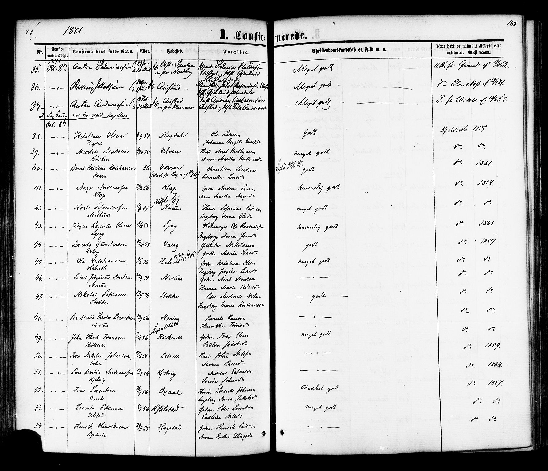 Ministerialprotokoller, klokkerbøker og fødselsregistre - Nord-Trøndelag, SAT/A-1458/730/L0284: Ministerialbok nr. 730A09, 1866-1878, s. 168