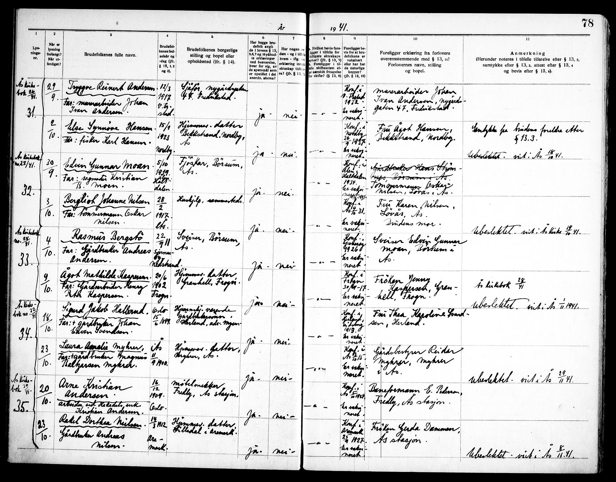 Ås prestekontor Kirkebøker, AV/SAO-A-10894/H/Ha/L0001: Lysningsprotokoll nr. 1, 1919-1946, s. 78