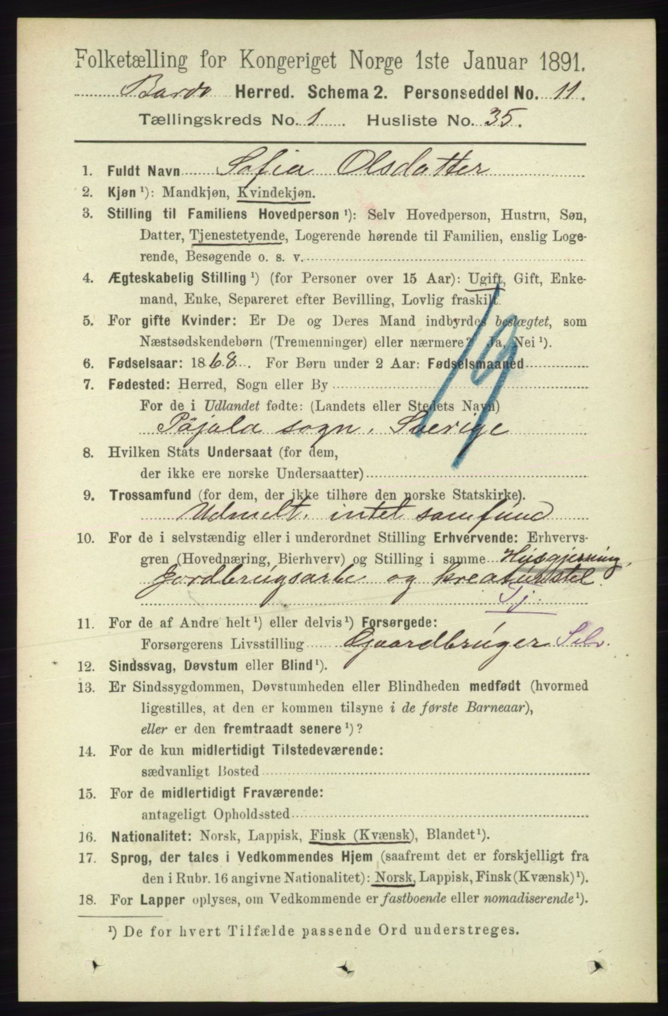 RA, Folketelling 1891 for 1922 Bardu herred, 1891, s. 334
