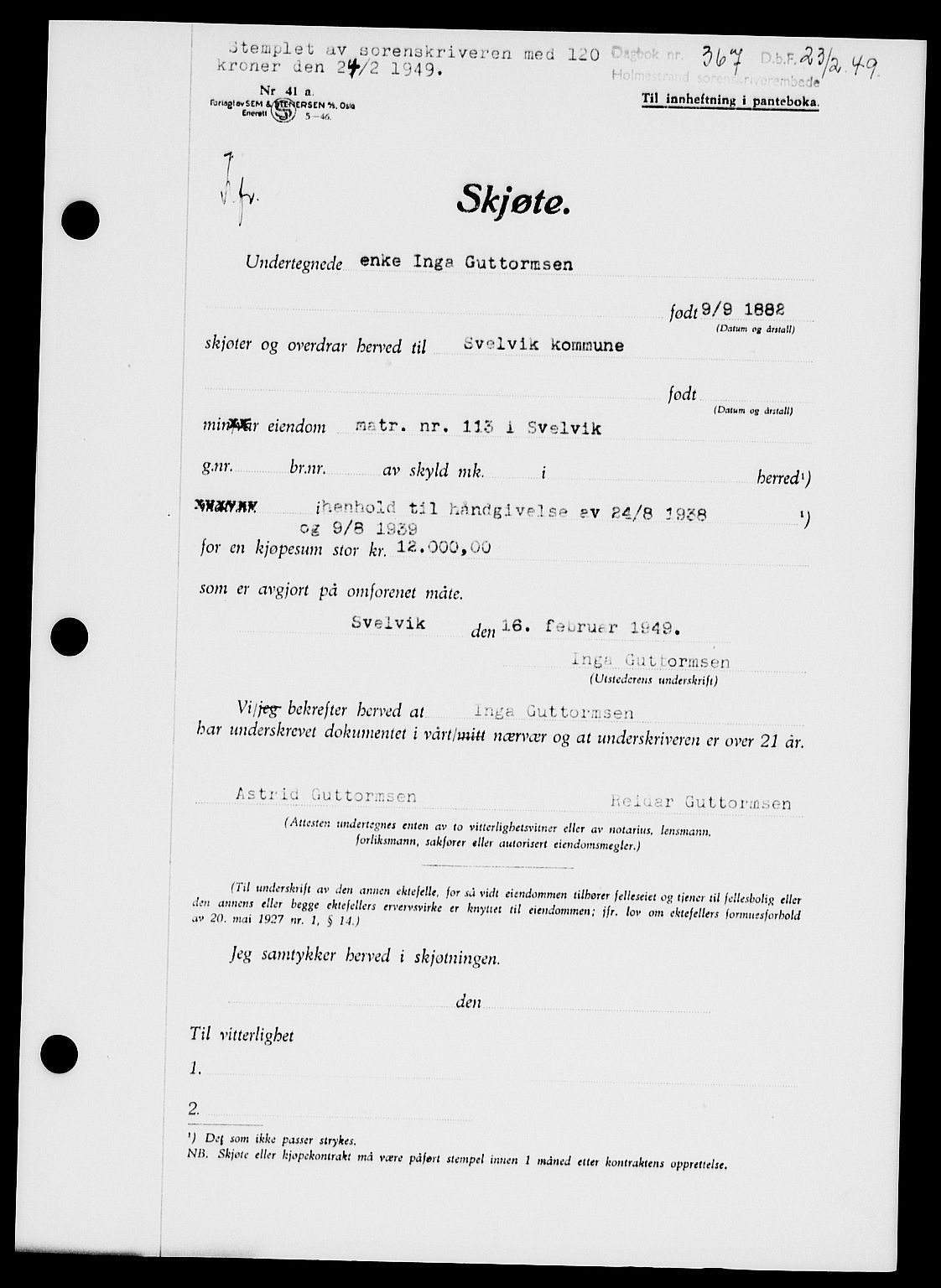 Holmestrand sorenskriveri, SAKO/A-67/G/Ga/Gaa/L0065: Pantebok nr. A-65, 1948-1949, Dagboknr: 367/1949
