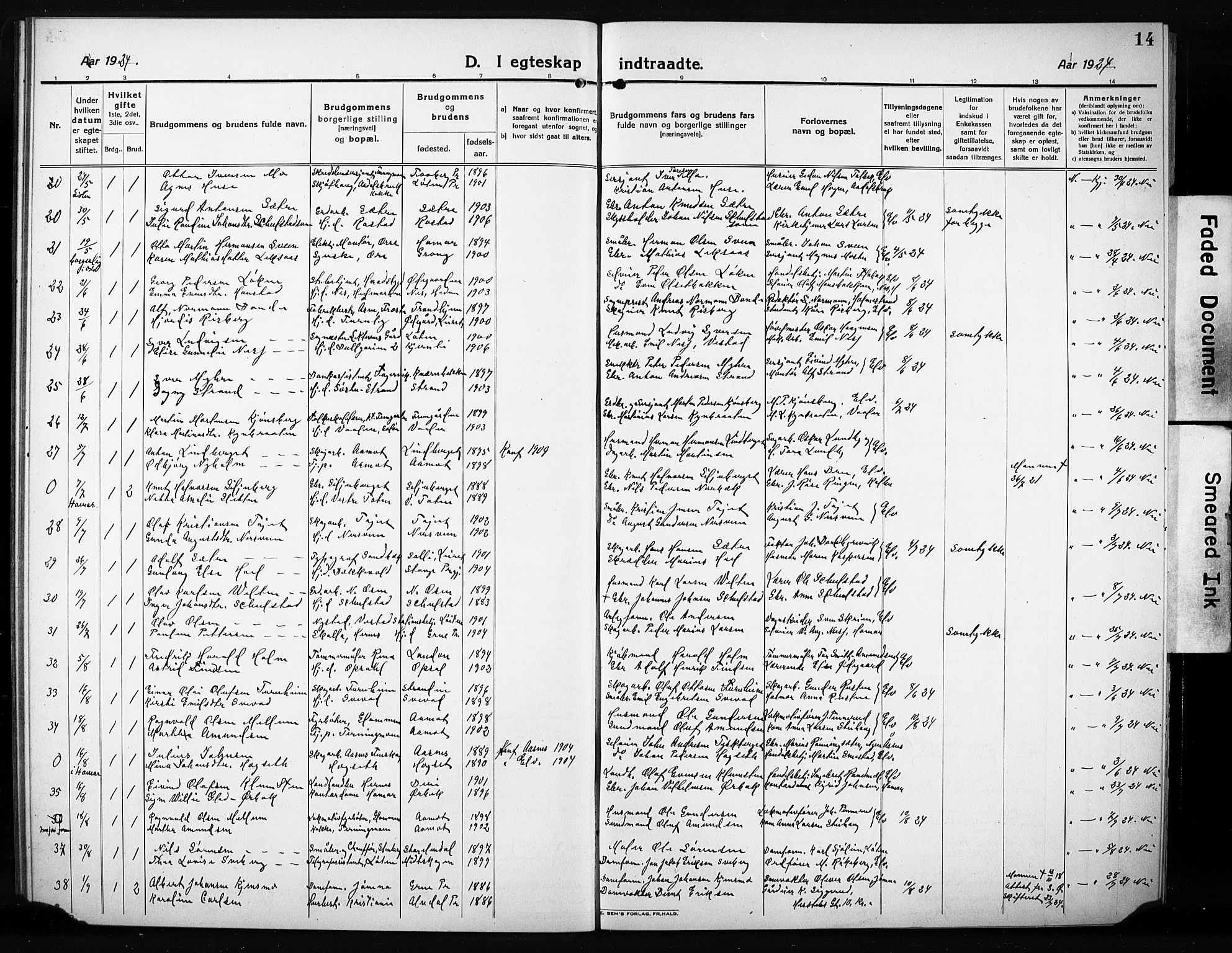 Elverum prestekontor, AV/SAH-PREST-044/H/Ha/Hab/L0014: Klokkerbok nr. 14, 1922-1933, s. 14