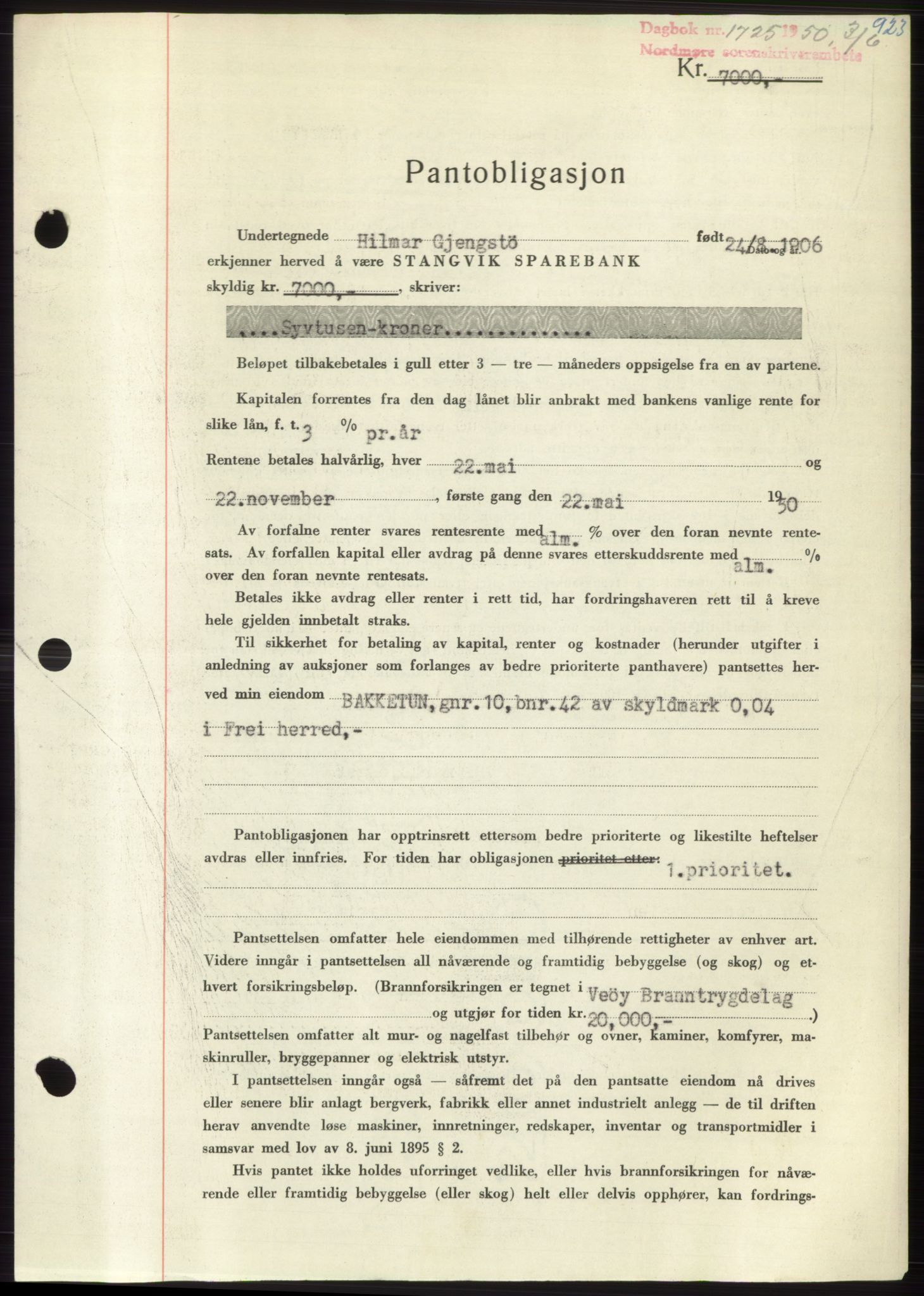 Nordmøre sorenskriveri, SAT/A-4132/1/2/2Ca: Pantebok nr. B104, 1950-1950, Dagboknr: 1725/1950
