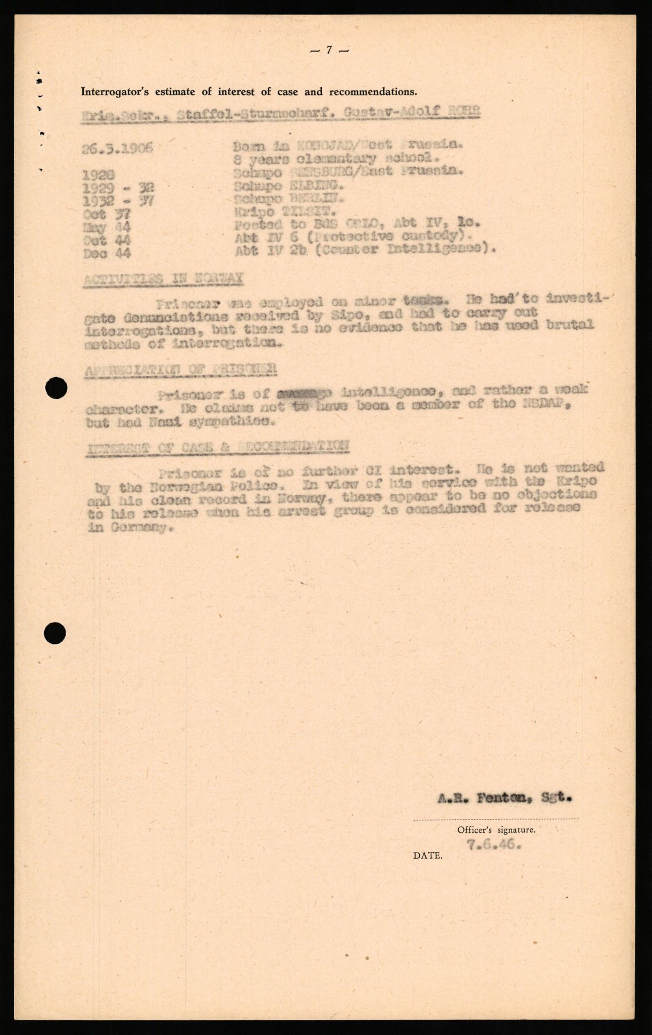 Forsvaret, Forsvarets overkommando II, RA/RAFA-3915/D/Db/L0028: CI Questionaires. Tyske okkupasjonsstyrker i Norge. Tyskere., 1945-1946, s. 17