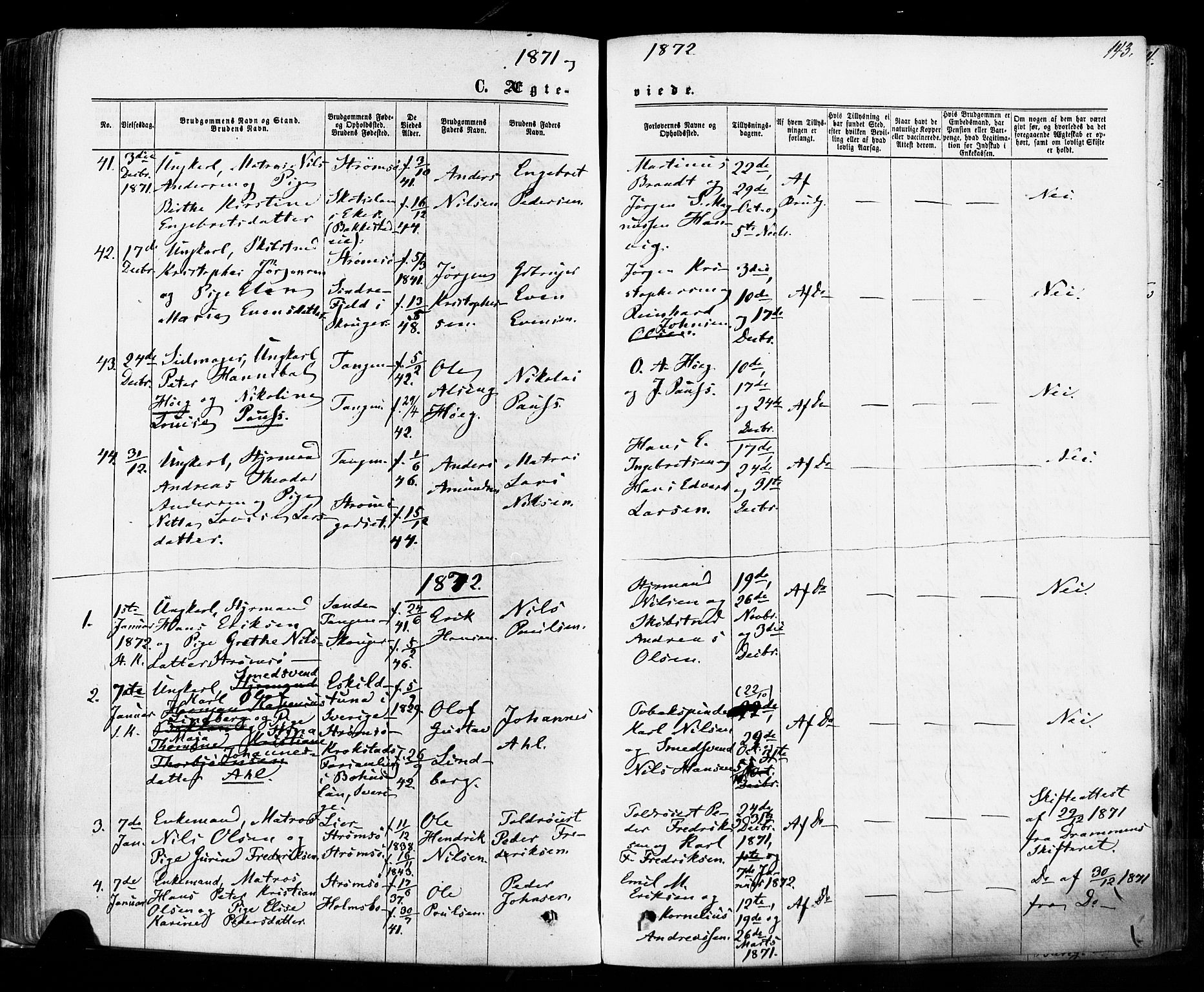 Strømsø kirkebøker, AV/SAKO-A-246/F/Fa/L0018: Ministerialbok nr. I 18, 1865-1878, s. 143