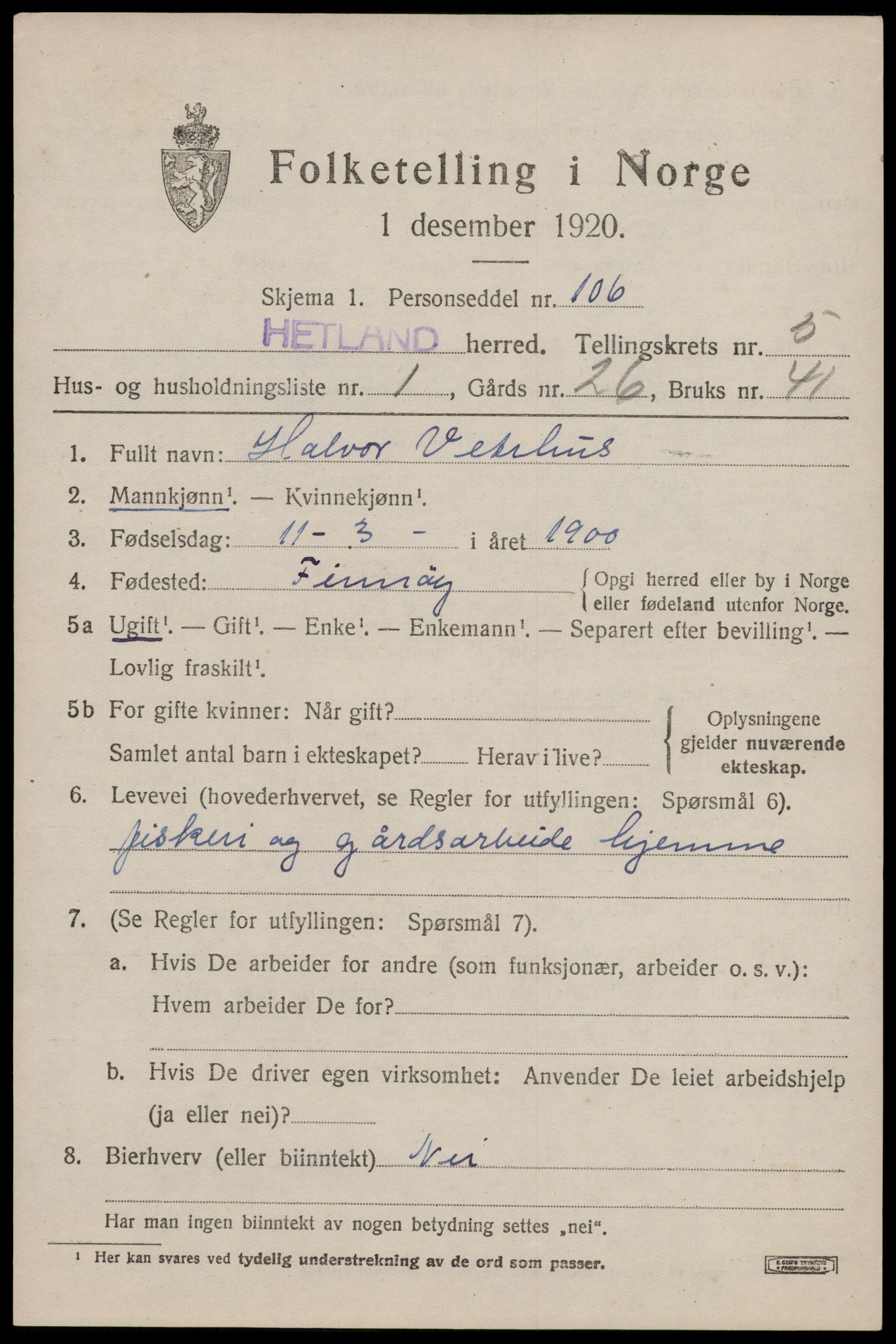 SAST, Folketelling 1920 for 1126 Hetland herred, 1920, s. 8361