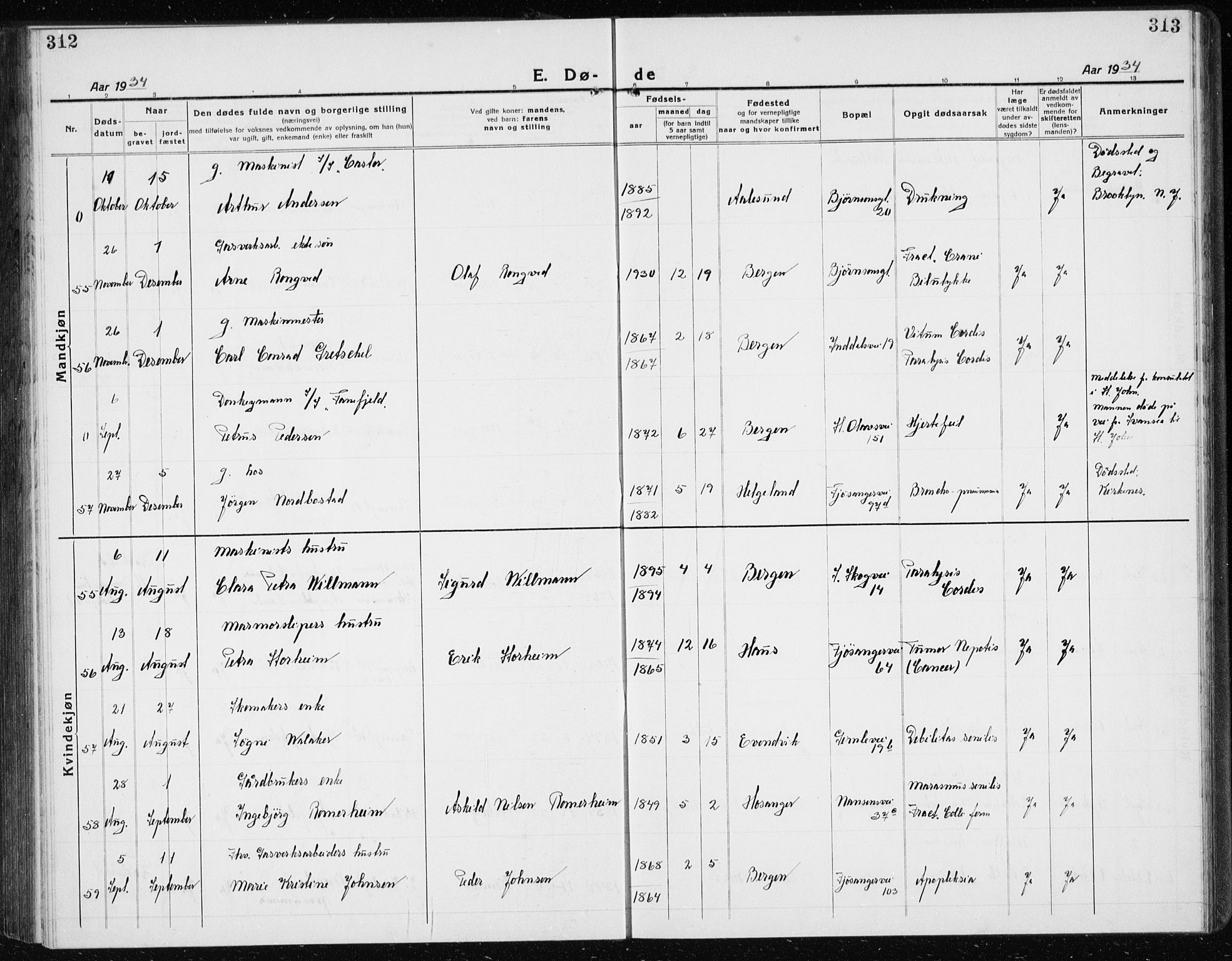 Årstad Sokneprestembete, AV/SAB-A-79301/H/Hab/L0025: Klokkerbok nr. D 2, 1922-1940, s. 312-313