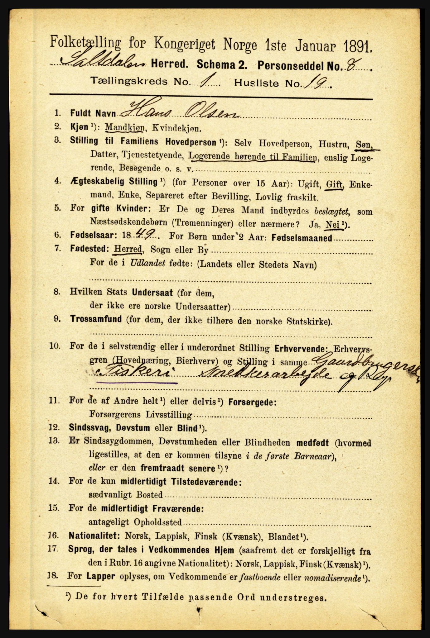 RA, Folketelling 1891 for 1840 Saltdal herred, 1891, s. 239