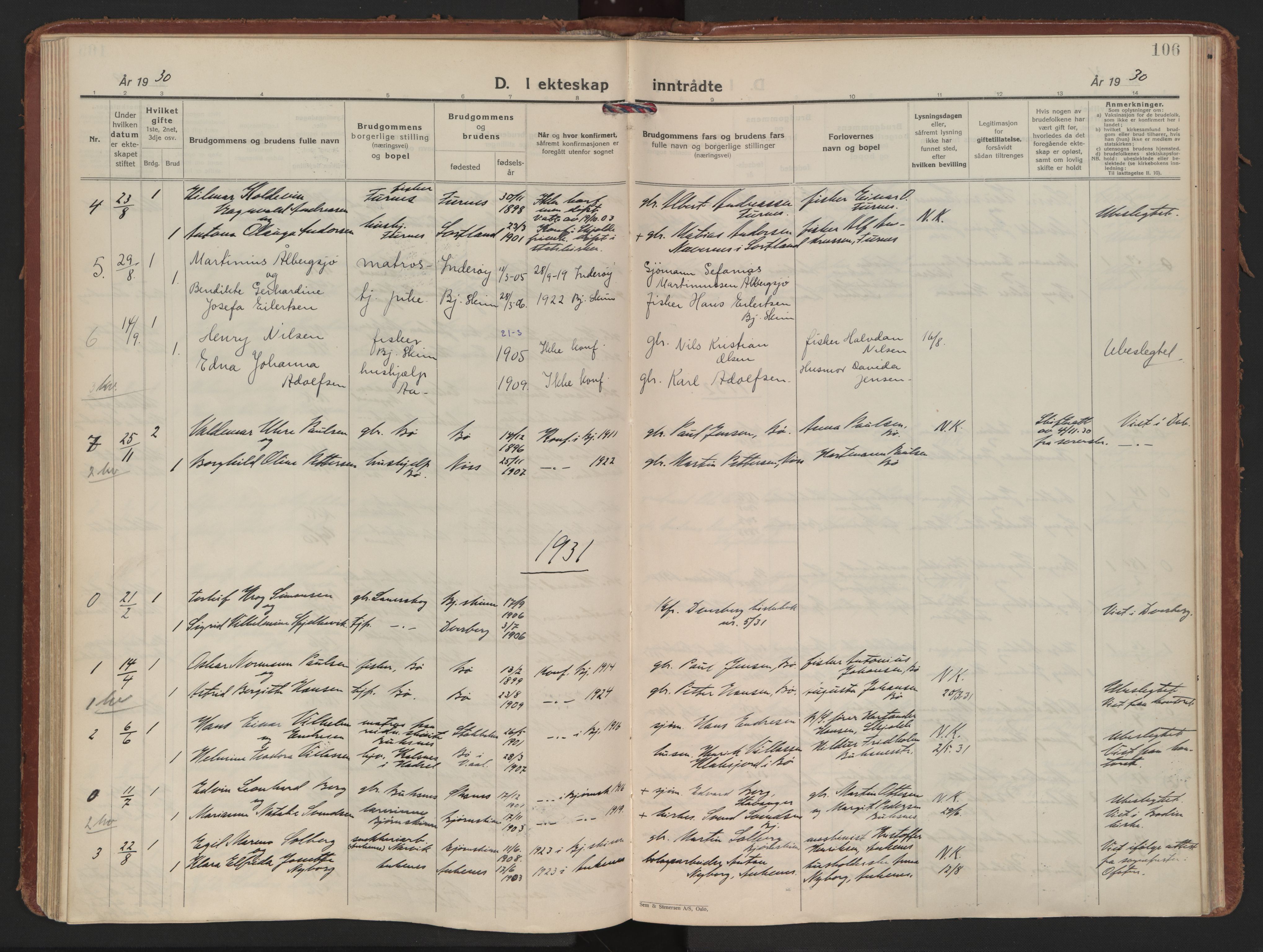 Ministerialprotokoller, klokkerbøker og fødselsregistre - Nordland, AV/SAT-A-1459/898/L1424: Ministerialbok nr. 898A04, 1928-1946, s. 106