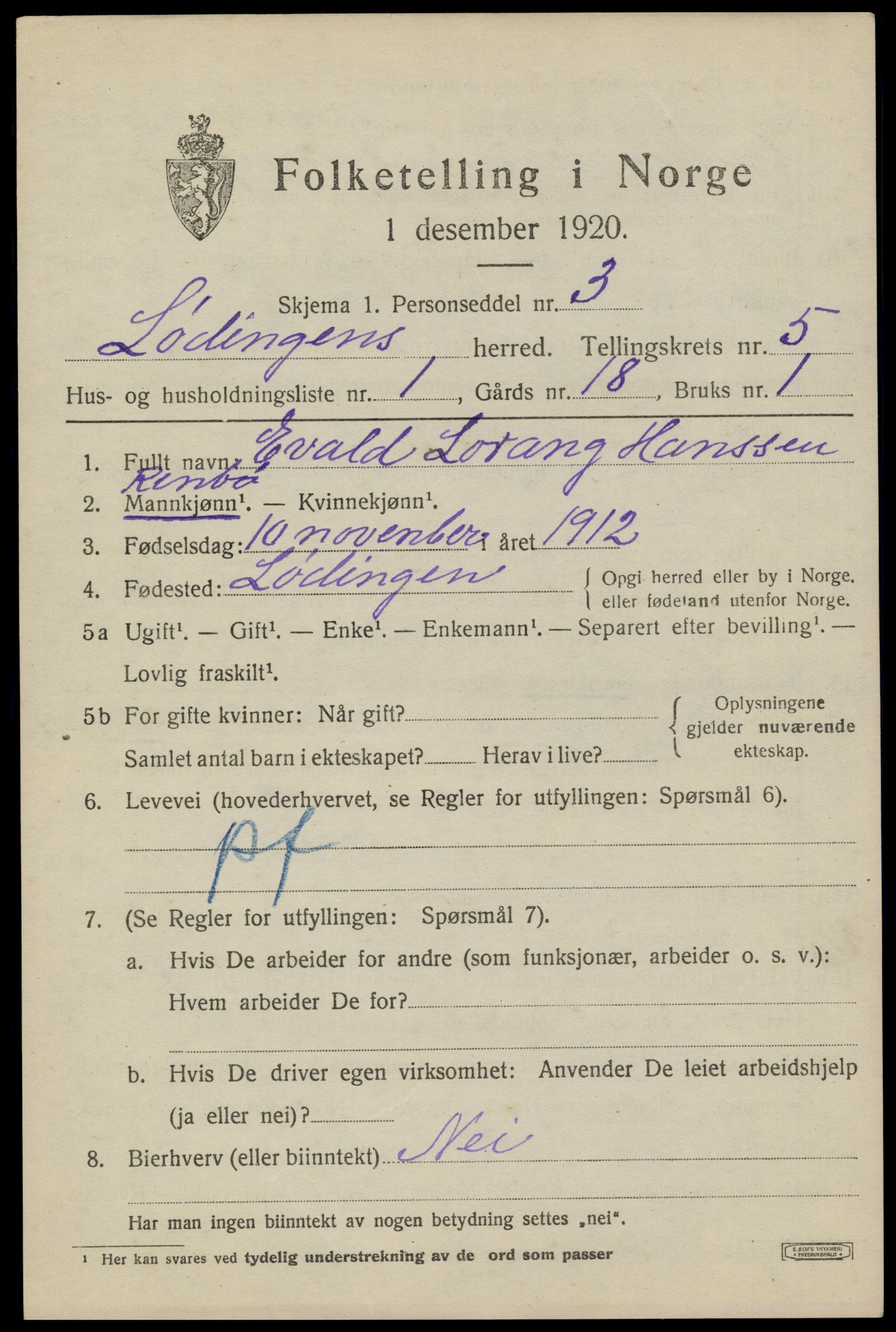 SAT, Folketelling 1920 for 1851 Lødingen herred, 1920, s. 3097