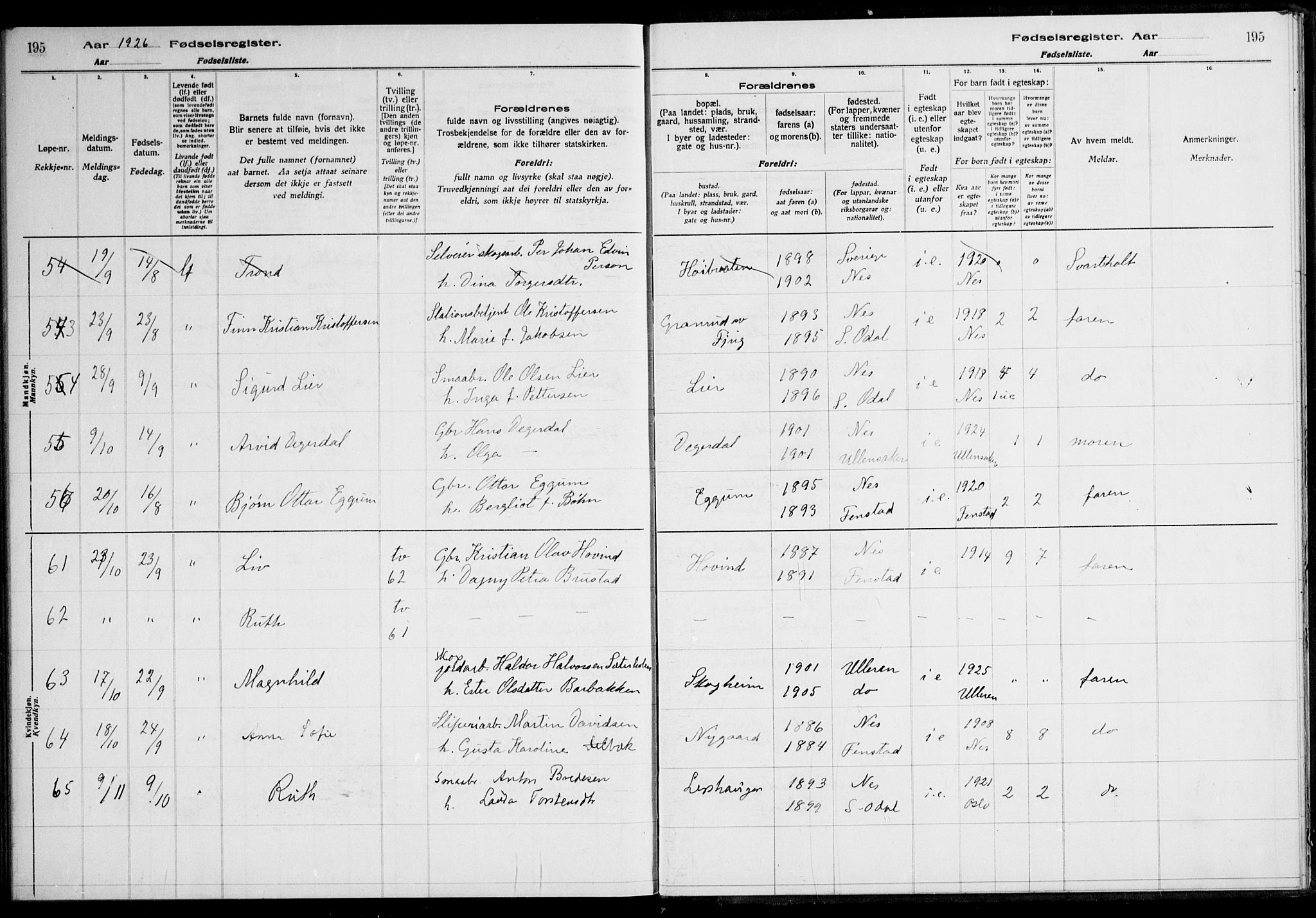 Nes prestekontor Kirkebøker, AV/SAO-A-10410/J/Ja/L0001: Fødselsregister nr. 1, 1916-1926, s. 195