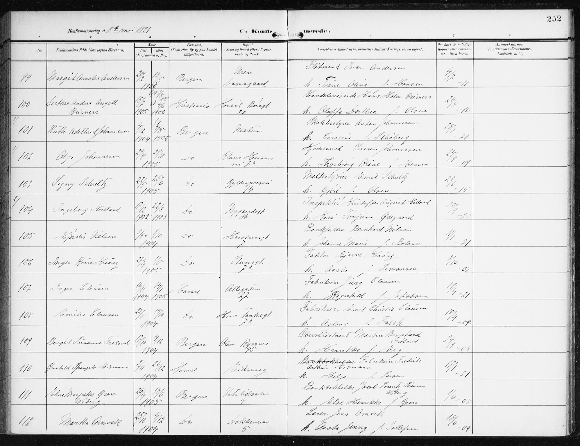 Johanneskirken sokneprestembete, AV/SAB-A-76001/H/Haa/L0009: Ministerialbok nr. C 2, 1907-1924, s. 252