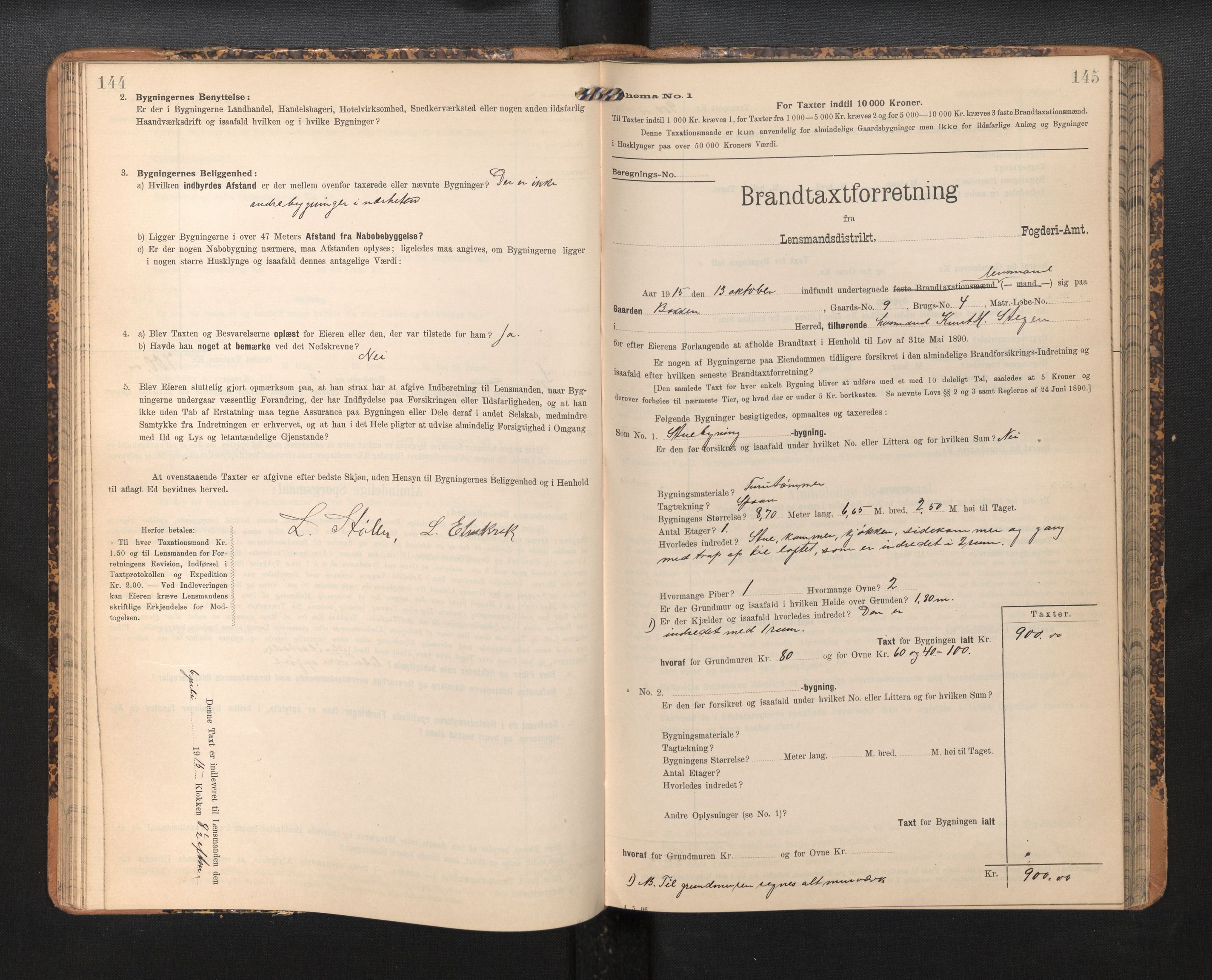 Lensmannen i Jostedal, SAB/A-28601/0012/L0004: Branntakstprotokoll, skjematakst, 1906-1919, s. 144-145
