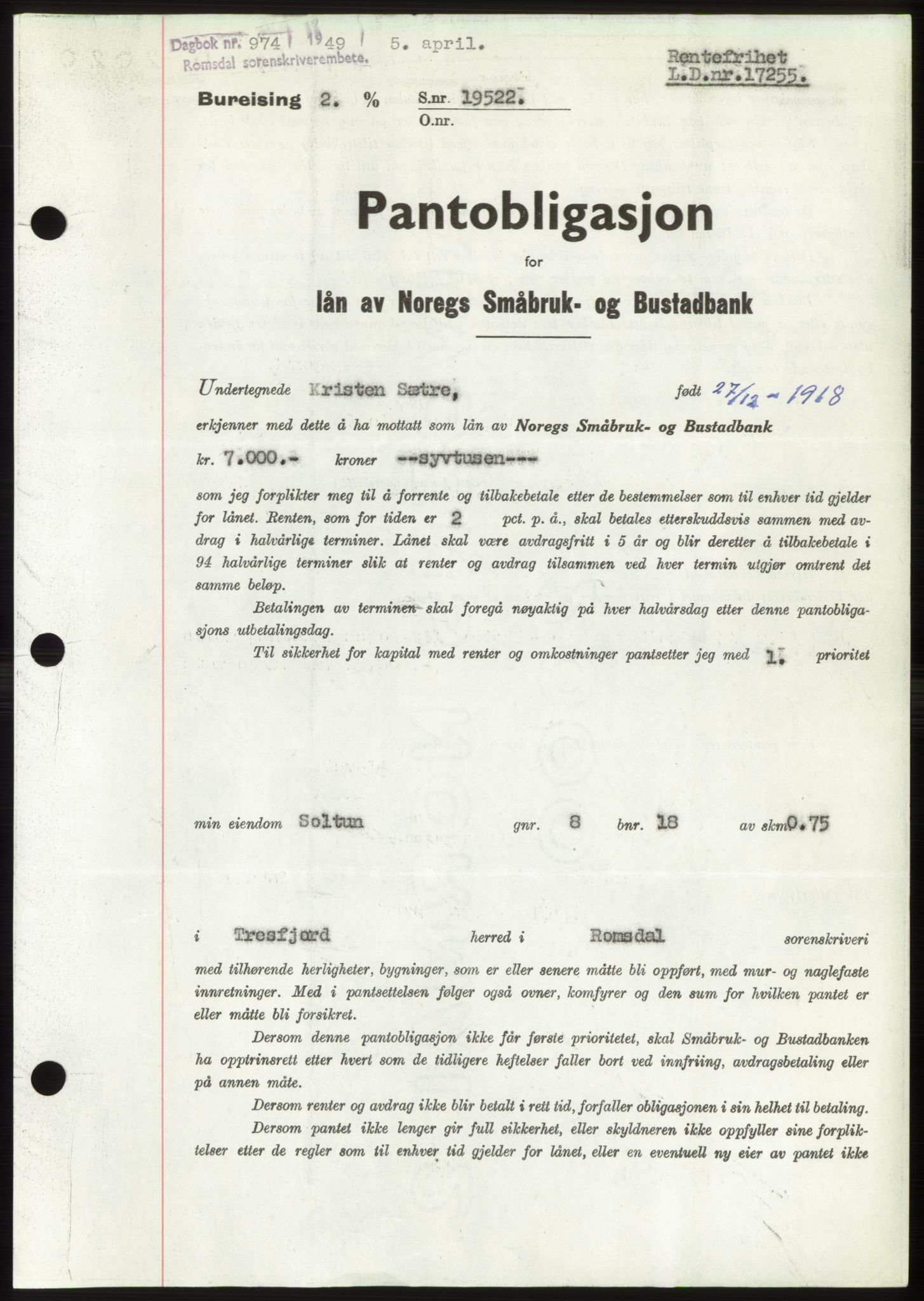 Romsdal sorenskriveri, SAT/A-4149/1/2/2C: Pantebok nr. B4, 1948-1949, Dagboknr: 974/1949